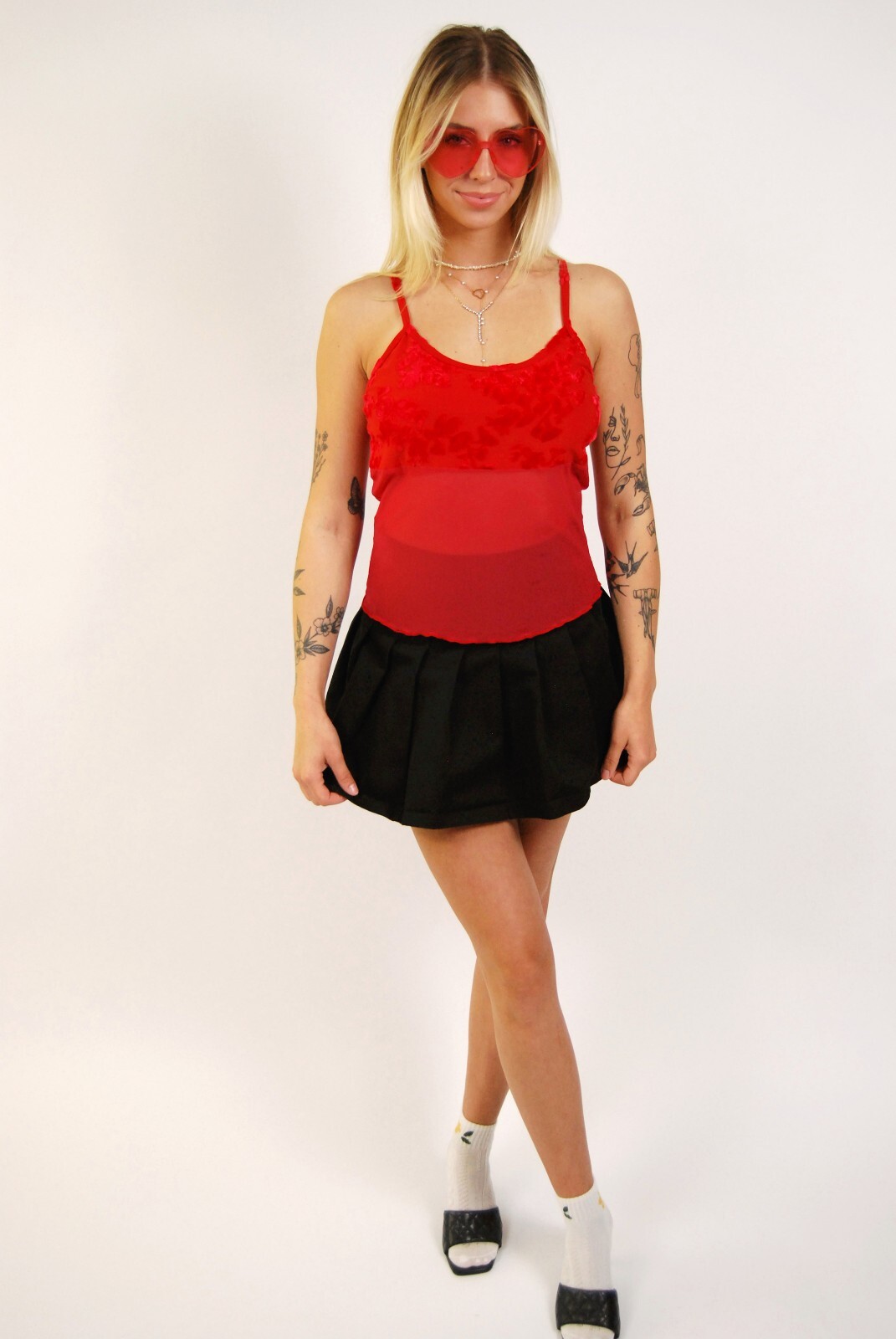 Sheer Mesh Cami (S) vintage 70s red velvet flocked small