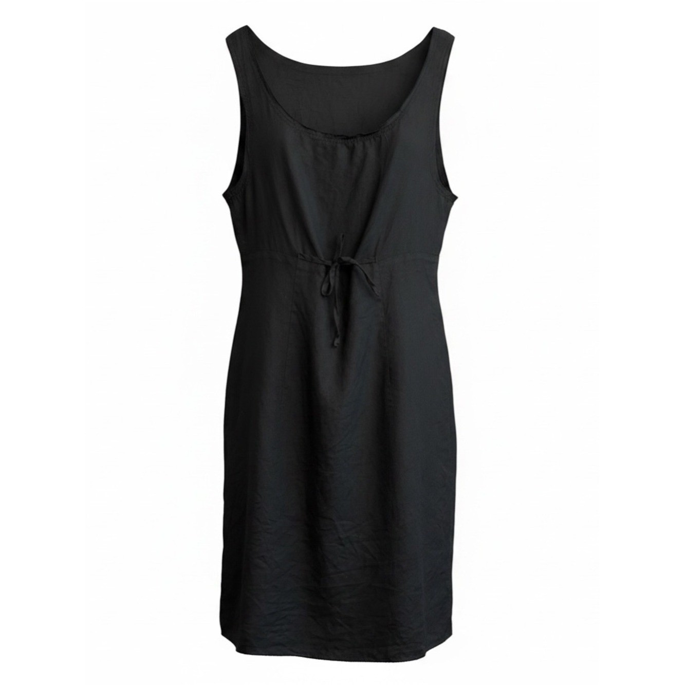 Classic Black Sleeveless Tie-Waist Dress 100% linen made in Italy vintage large