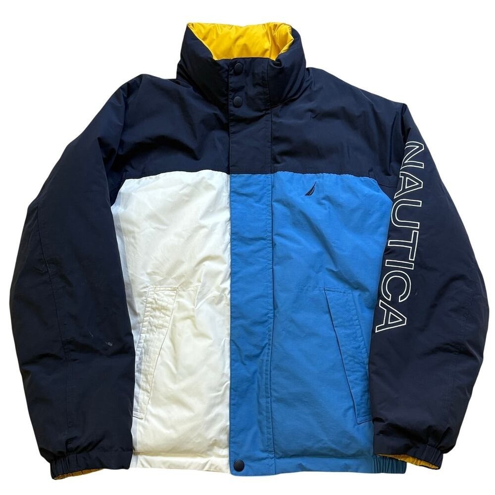 Nautica Sailing Puffer Jacket Vintage Reversible Blue Color Block Yellow 2XL 90s