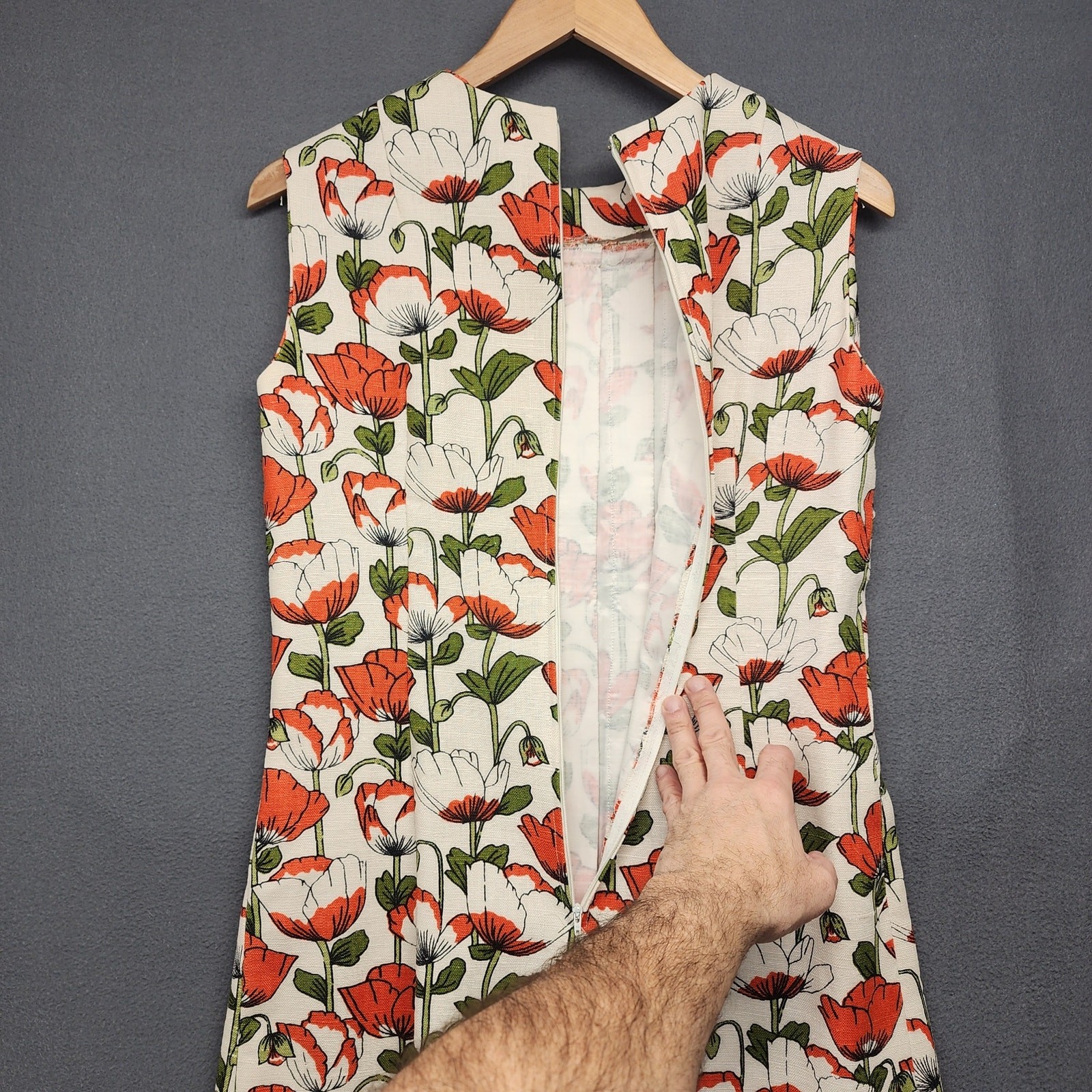 Vtg 60s Handmade Womens 2 Piece Dress Top Set Orange Floral Mod Pleat Belt Twee