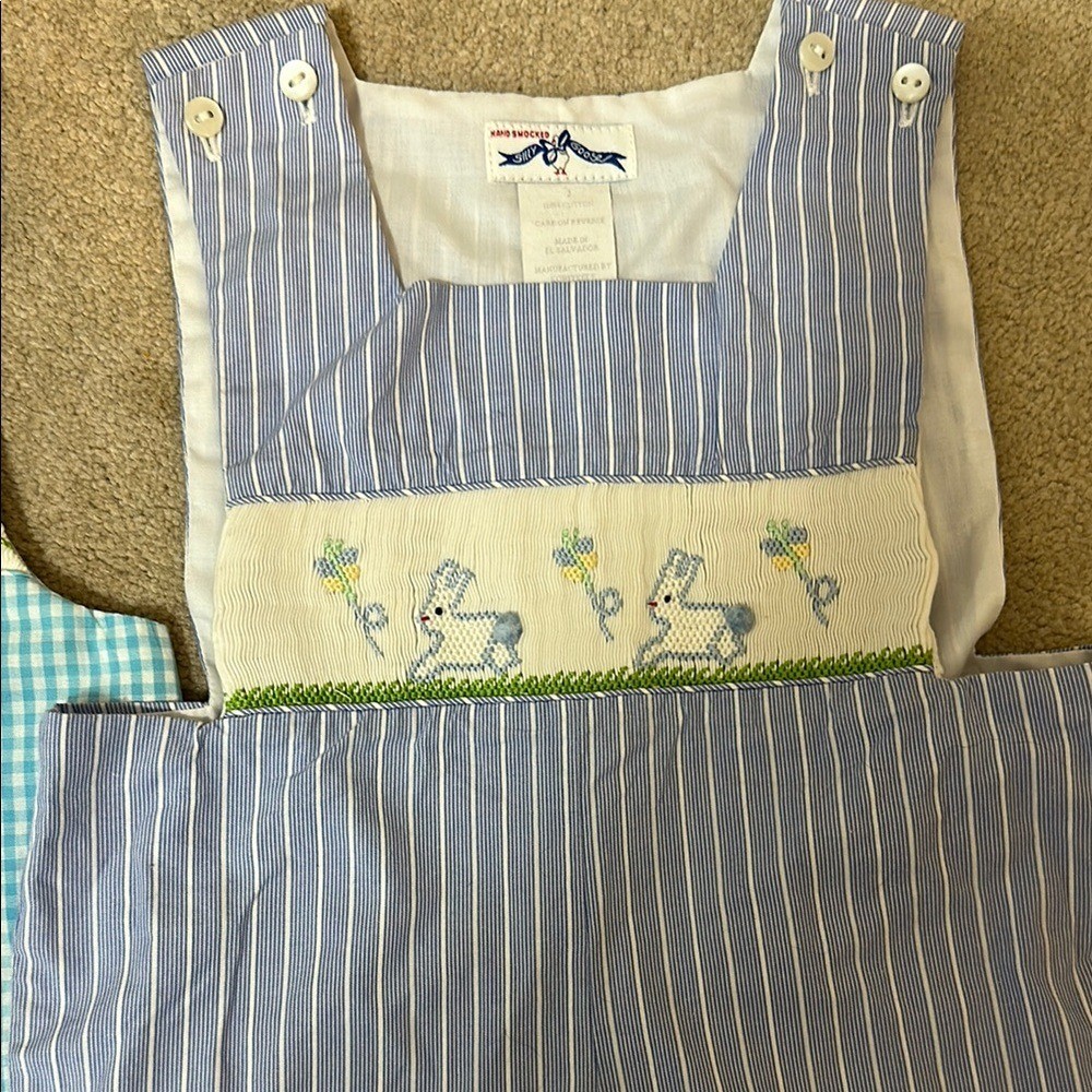 Blue and White Gingham and Striped Rompers