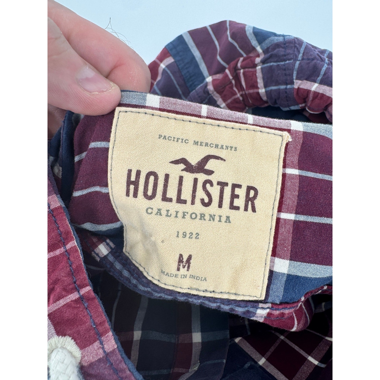 Hollister Mens Shirt Medium Hooded Button Down Blue Red White Cotton