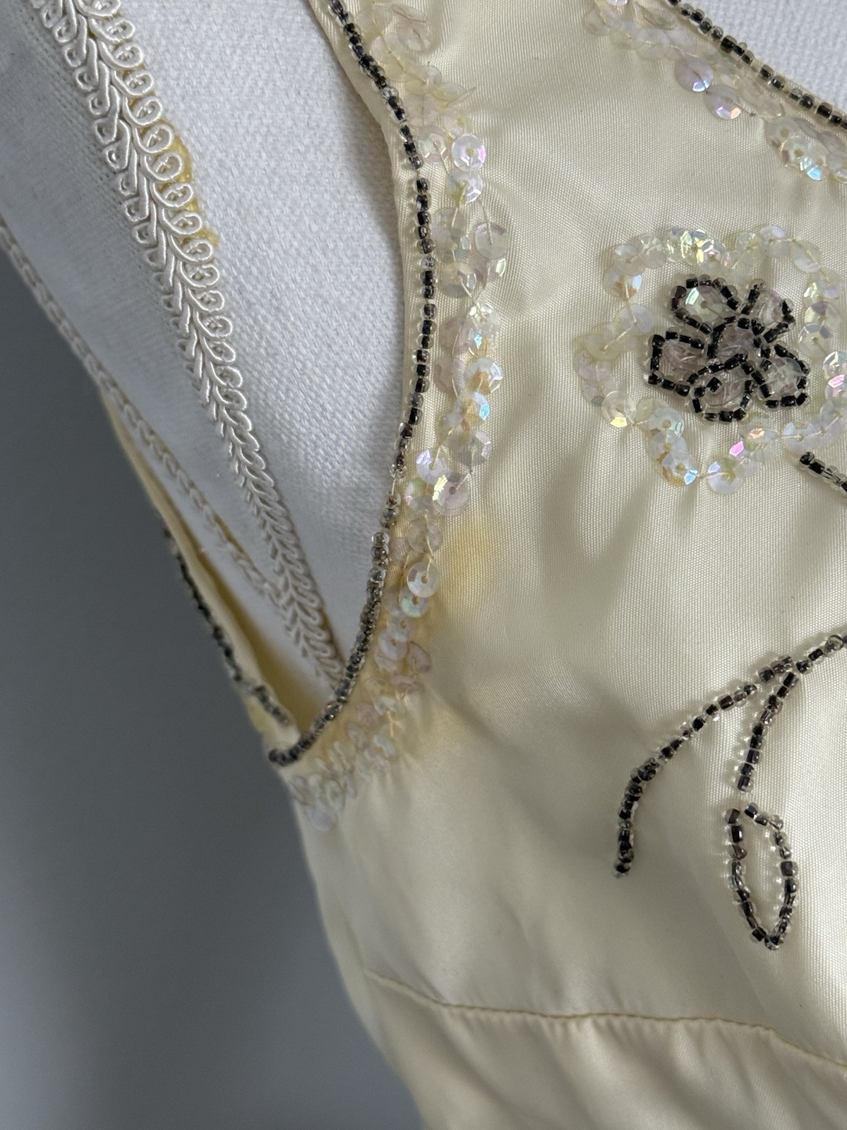 Vintage 1950s Bone Color Fit & Flair Beaded Dress X-SMALL