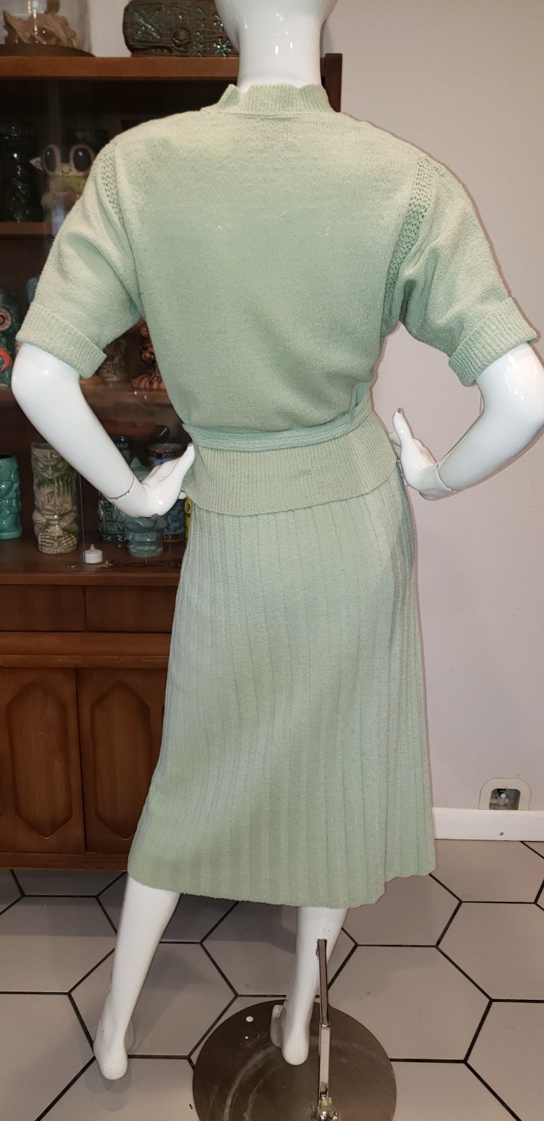 Vintage 1950s Lofties Sea Foam Green 3 Piece Knit Skirt Set Med Lg G2U