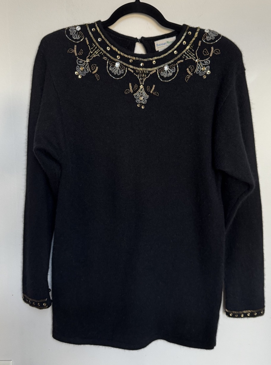 Vtg Boundary Waters Black Angora Lambswool Beaded Sweater Tunic M Embellished