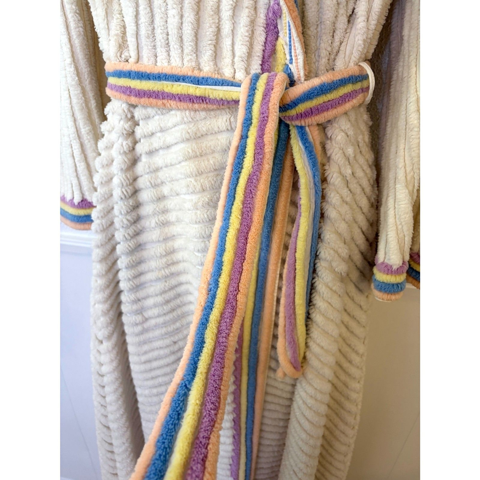 Vintage 40s/50s Cream Chenille Long Robe Pastel Rainbow Trim Bell Sleeve Small