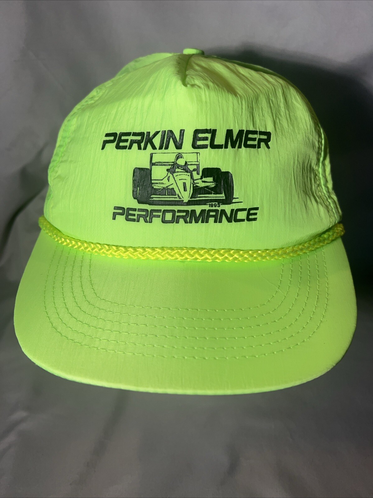Vintage Perkin Elmer Performance Day-Glo Neon Yellow Hat Cap SnapBack 1993