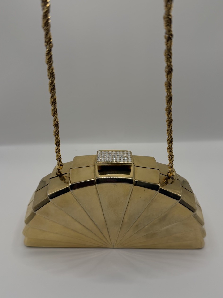 Vintage Italy for Burdines Gold Metal Fan Clutch Art Deco Evening Bag Purse
