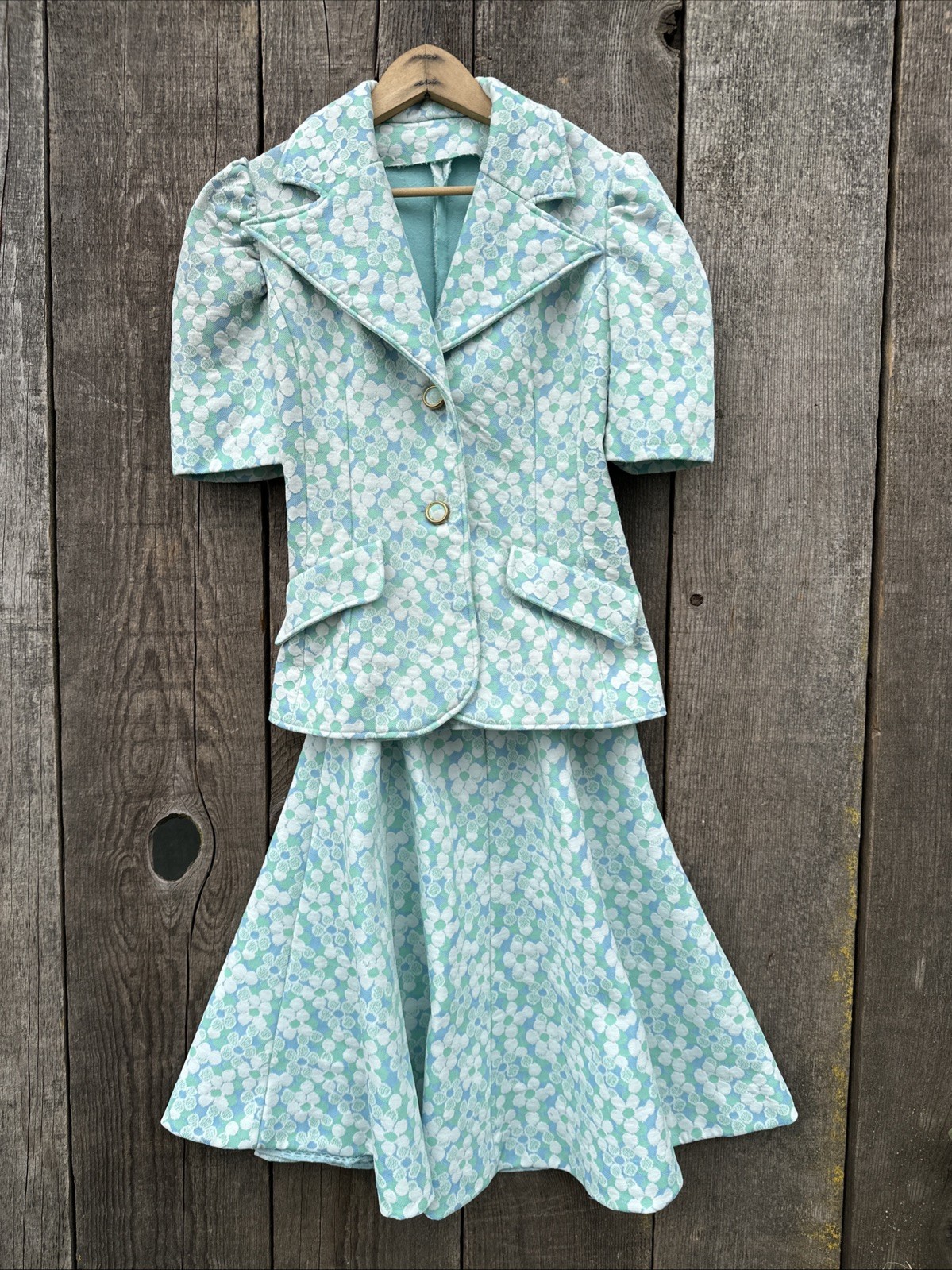 VTG 60s-70s Floral Butterfly Collar Short Sleeve Jacket and Skirt Set, Small