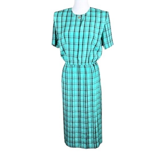 Leslie Fay Petite Vintage Teal Black Plaid Pleated Midi Dress 14P Short Sleeve