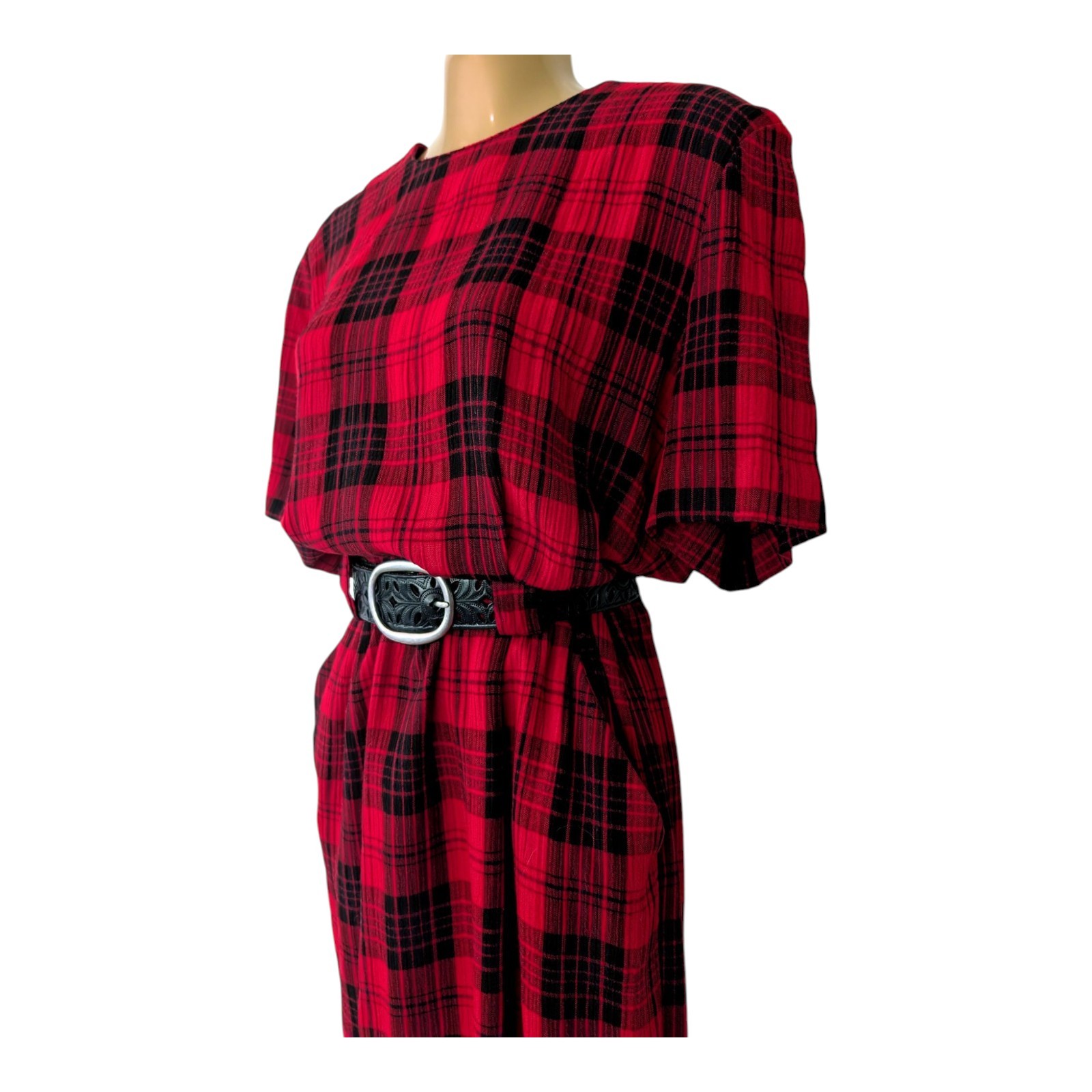 Vintage Rockabilly Dress 80s Does 50s Plaid Red Black Checked Wear to Work L 32W