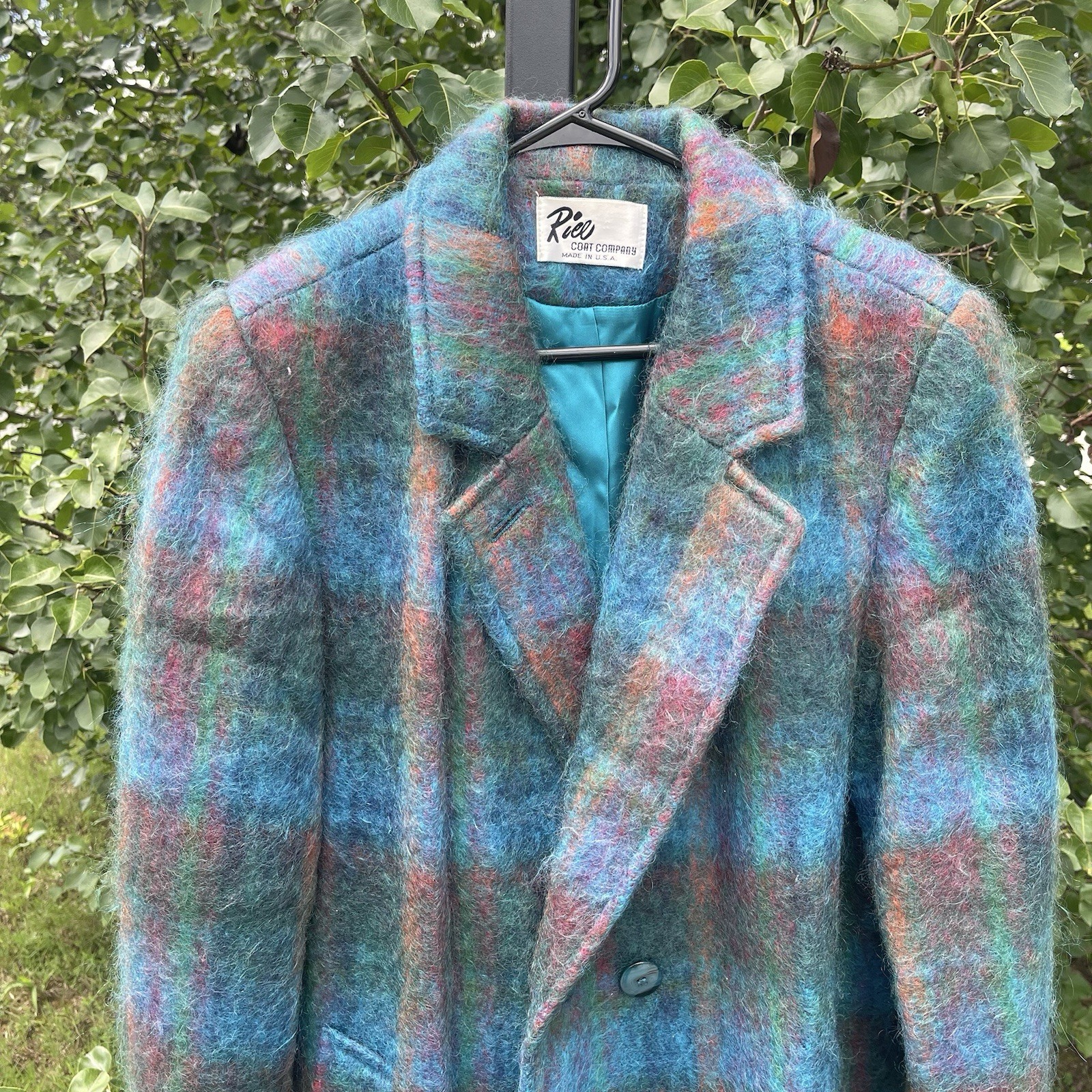 Vintage 70s 80s RIEL Coat Company Blue Rainbow Mohair Long Jacket Union made