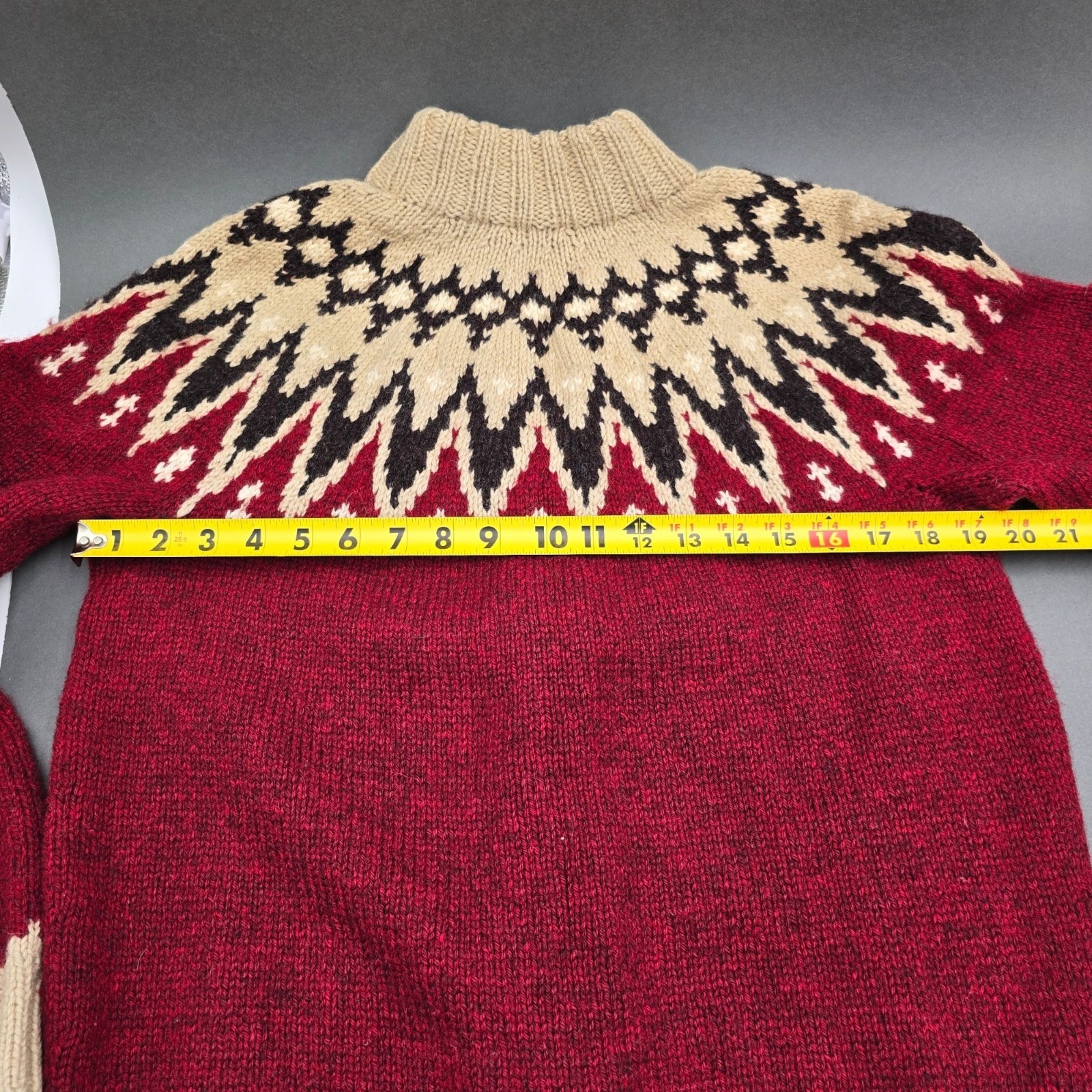 VTG CJ Viking Danish Wool Cardigan Sweater Med Red Tan Fair Isle Denmark Folk