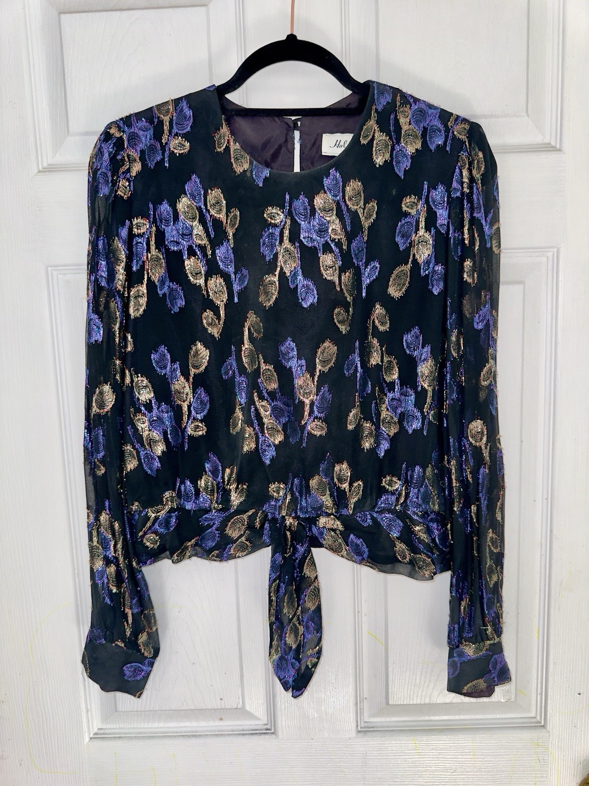 VTG Hal Ferman Black Purple & Gold Metallic Lurex Floral Waist Tie Size 14