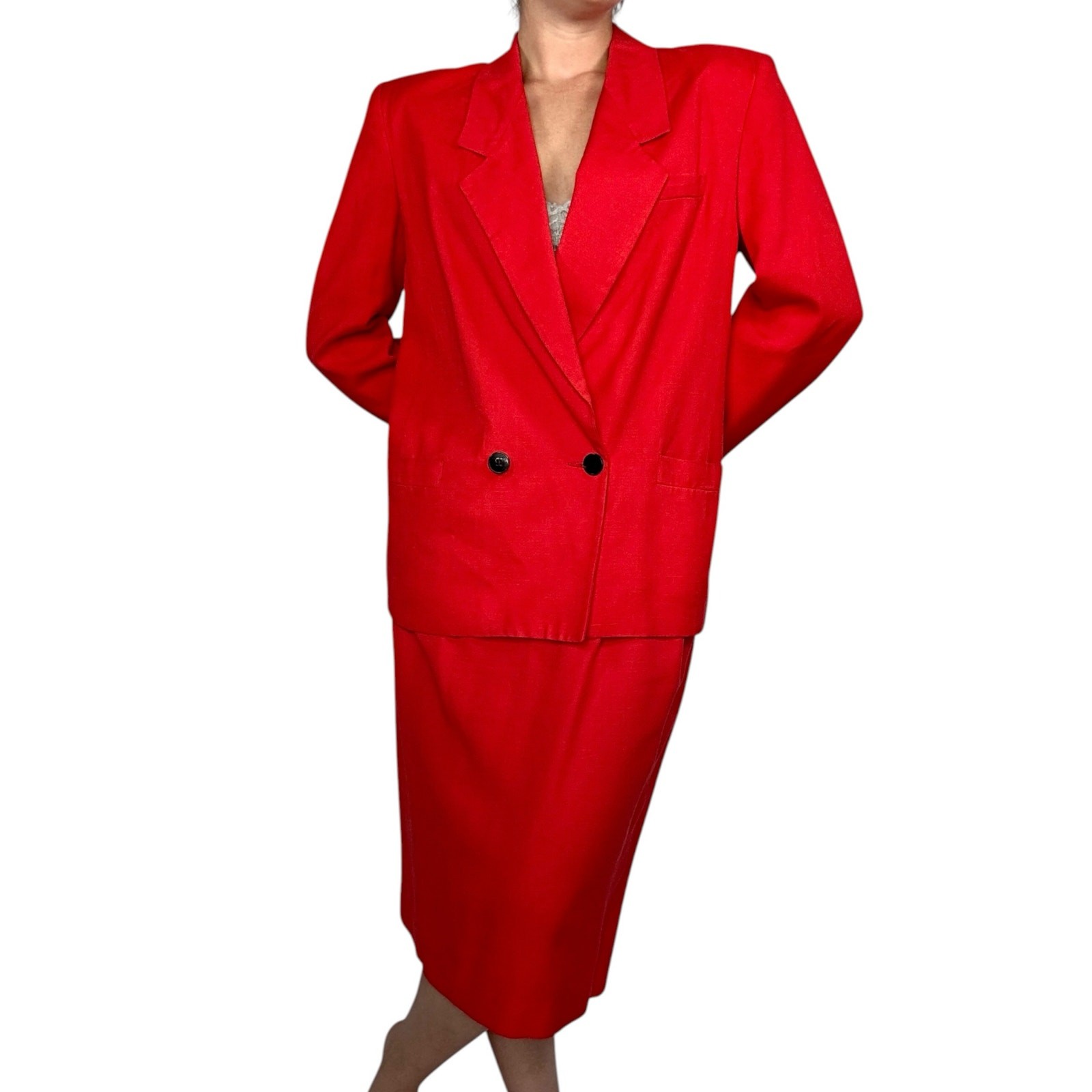 Vintage Christian Dior The Suit Red Rayon Skirt Suit Set 1990s Double Breasted