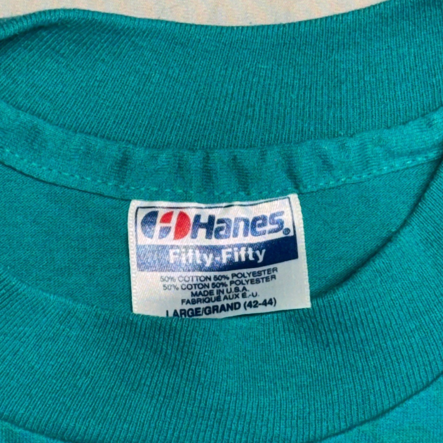 Vintage Hanes Fifty-Fifty Family Ties Graphic T-Shirt Teal Green Mens Large L