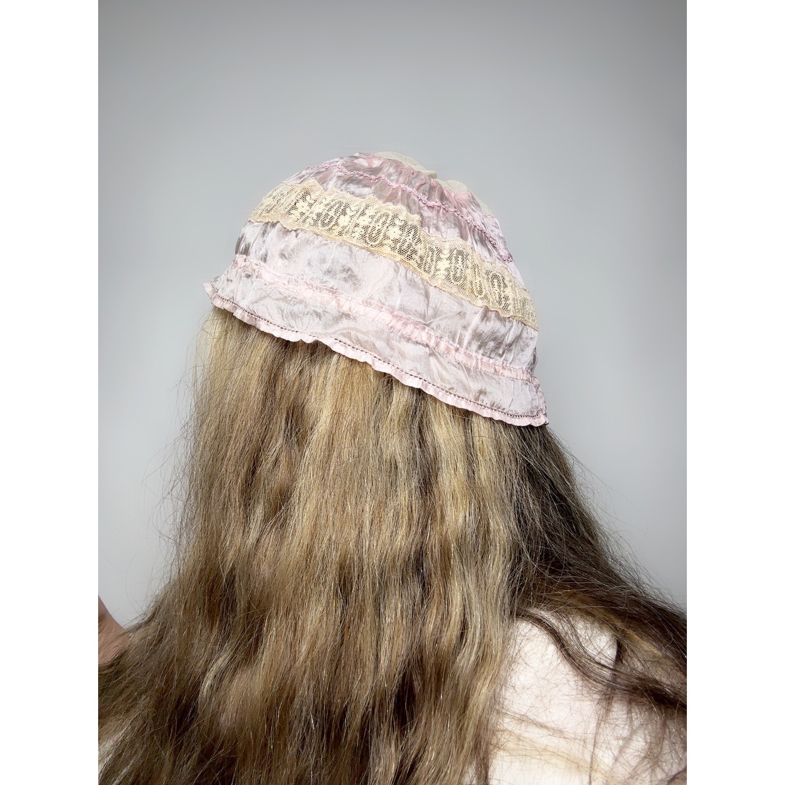 Vintage 1900s Silk Boudoir Cap Lace Edwardian Pink Ribbon Floral Lingerie Hat
