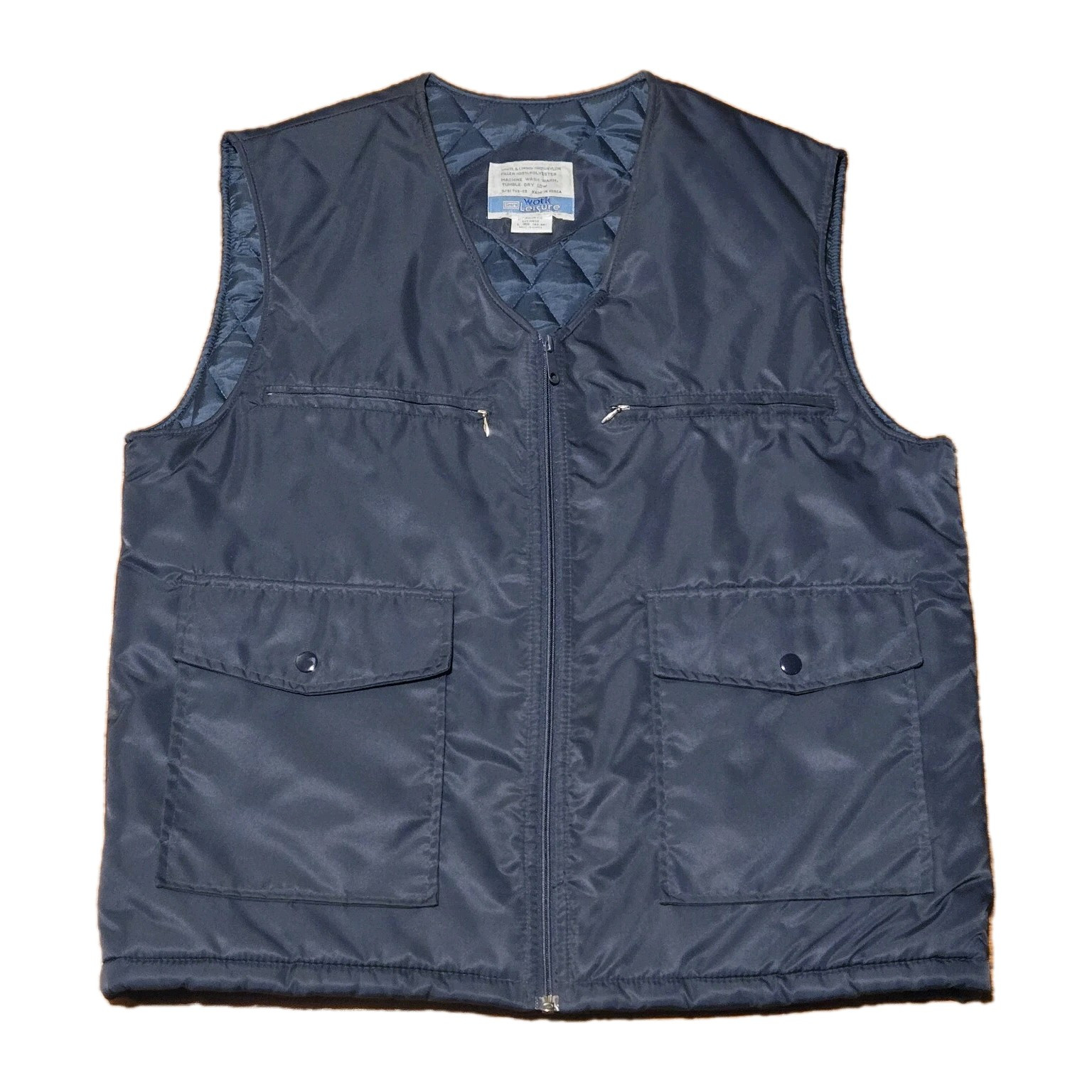 Sears Work Leisure Quilted Vest Navy Blue Full Zip Pocket Nylon Polyester VTG