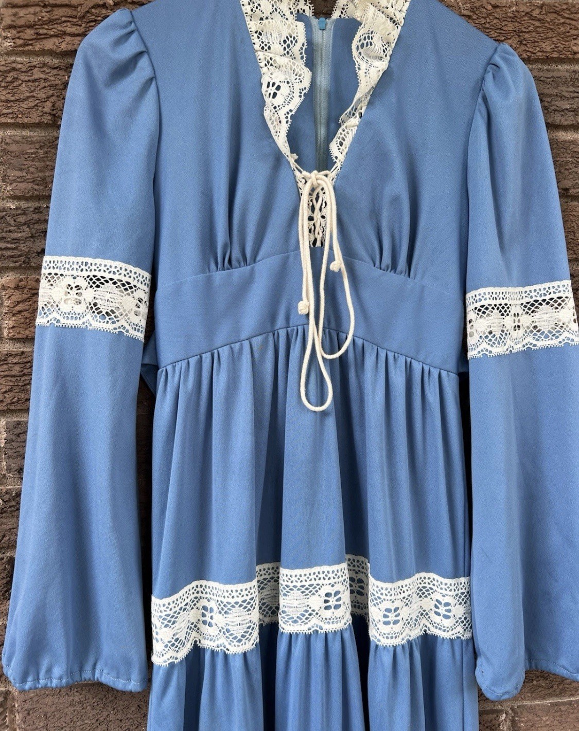 Vintage 1970’s Cottage Core Prairie Maxi Dress Blue Romantic Medium