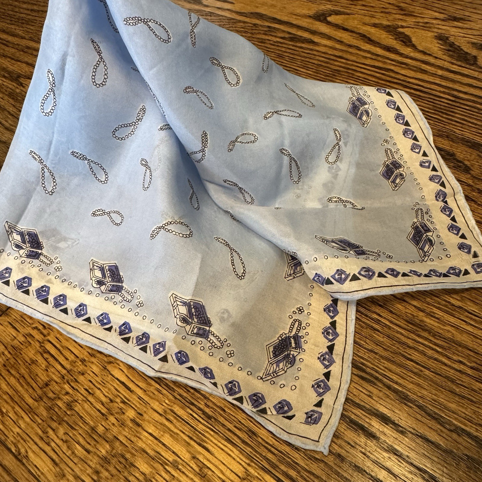 Vtg Made In Japan Diamond Pearl Hand Rolled Purse Scarf 16.5″ Square Blue Silk