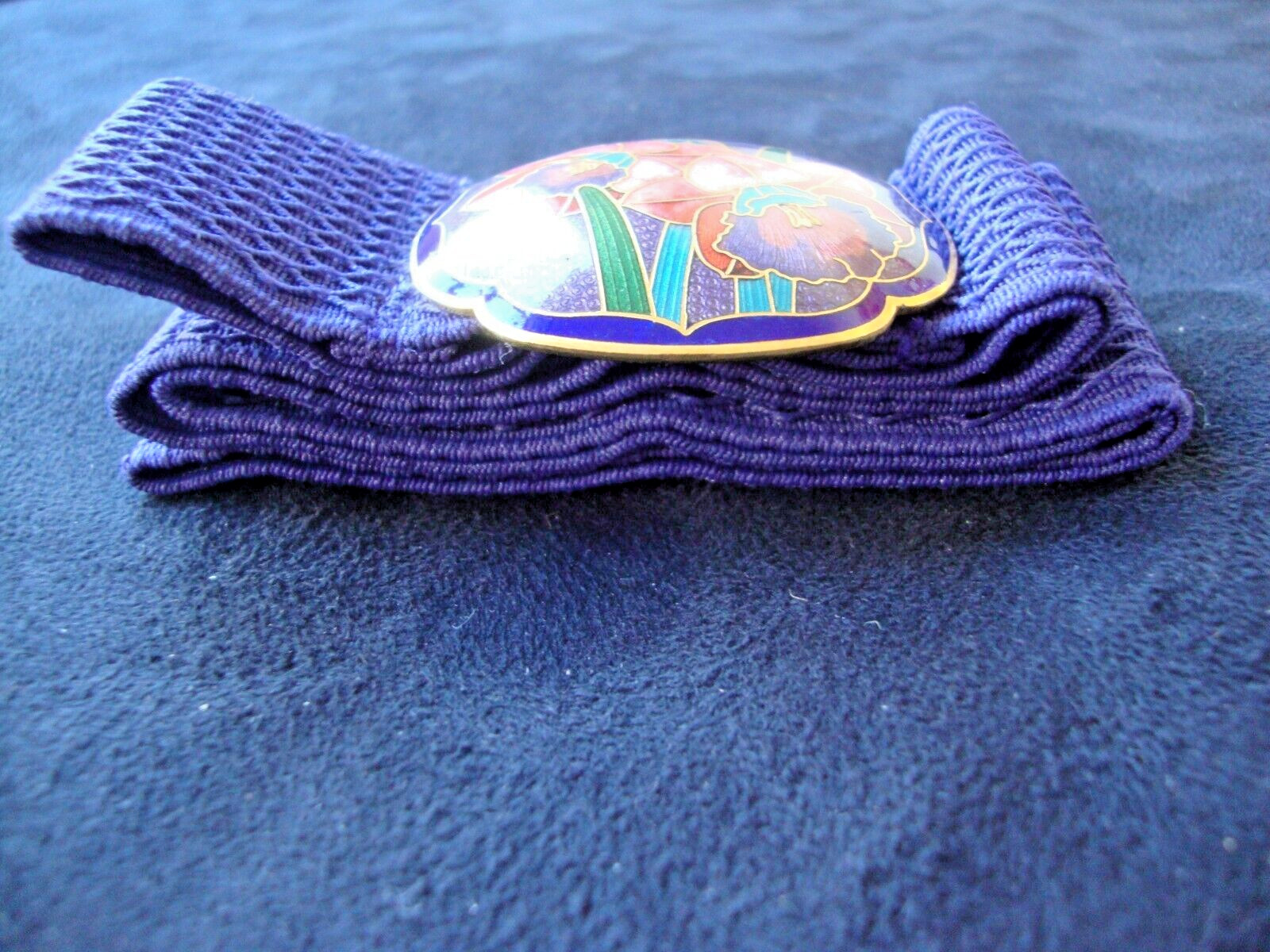 VINTAGE 1970s CLOISONNE MULTI COLOR IRIS PURPLE BUCKLE W/ STRETCH/ELASTIC BELT