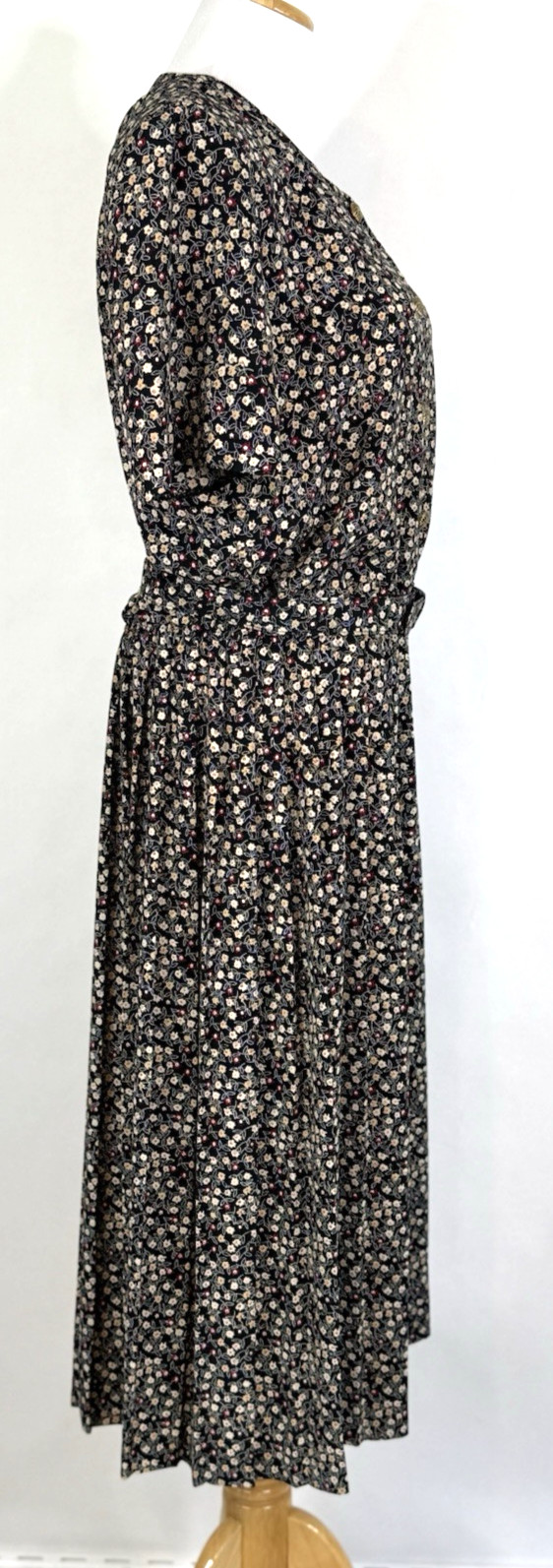 Leslie Fay Womans Size 14 Dress Floral Black Vintage Belted Midi Modest Classic