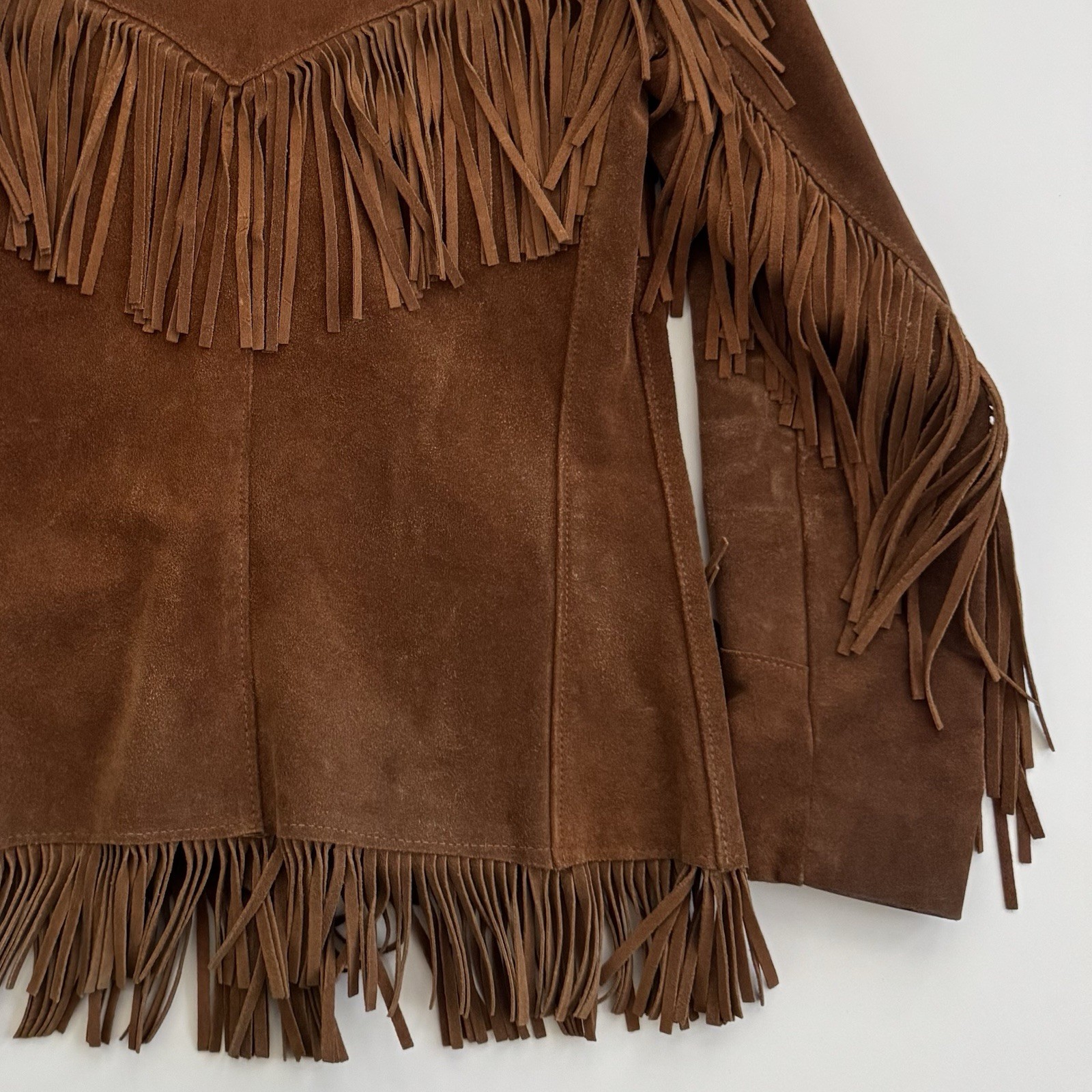 VTG 70s Jo-Kay Suede Leather Jacket Brown Western Fringe – Women’s S? 23x 17.5