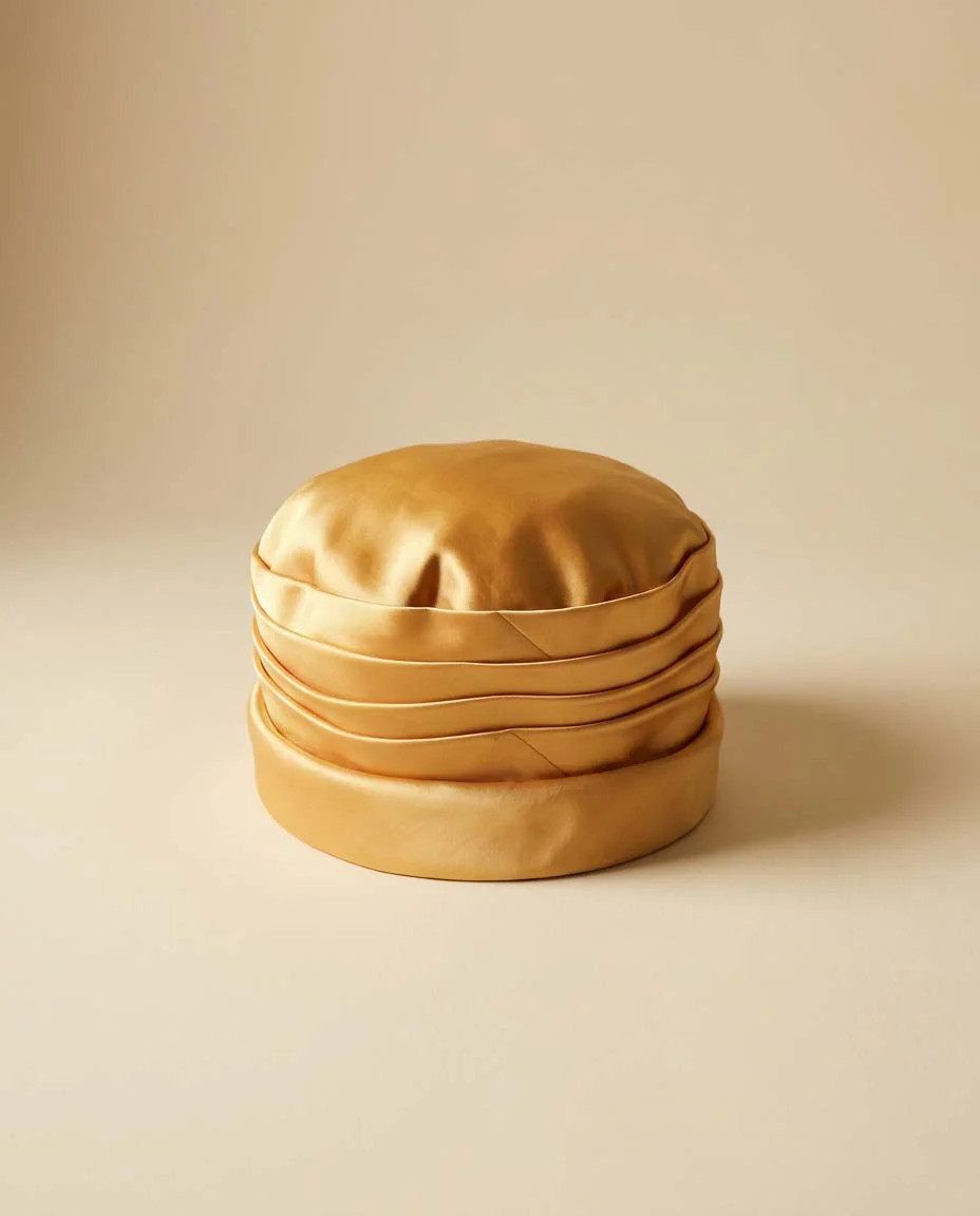 Vintage 1960s Orange Gold Satin Pillbox Hat, Draped Satin Cocktail Hat, Formal