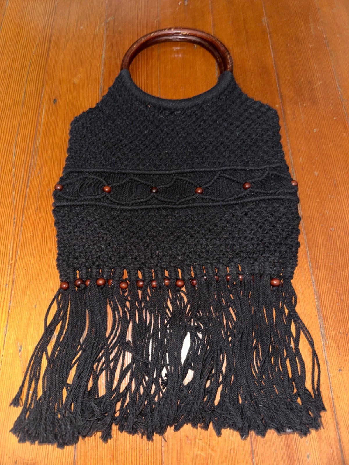 Vintage ALDO Black Macramé Fringe Handbag with Wooden Handles & Bead Details NEW
