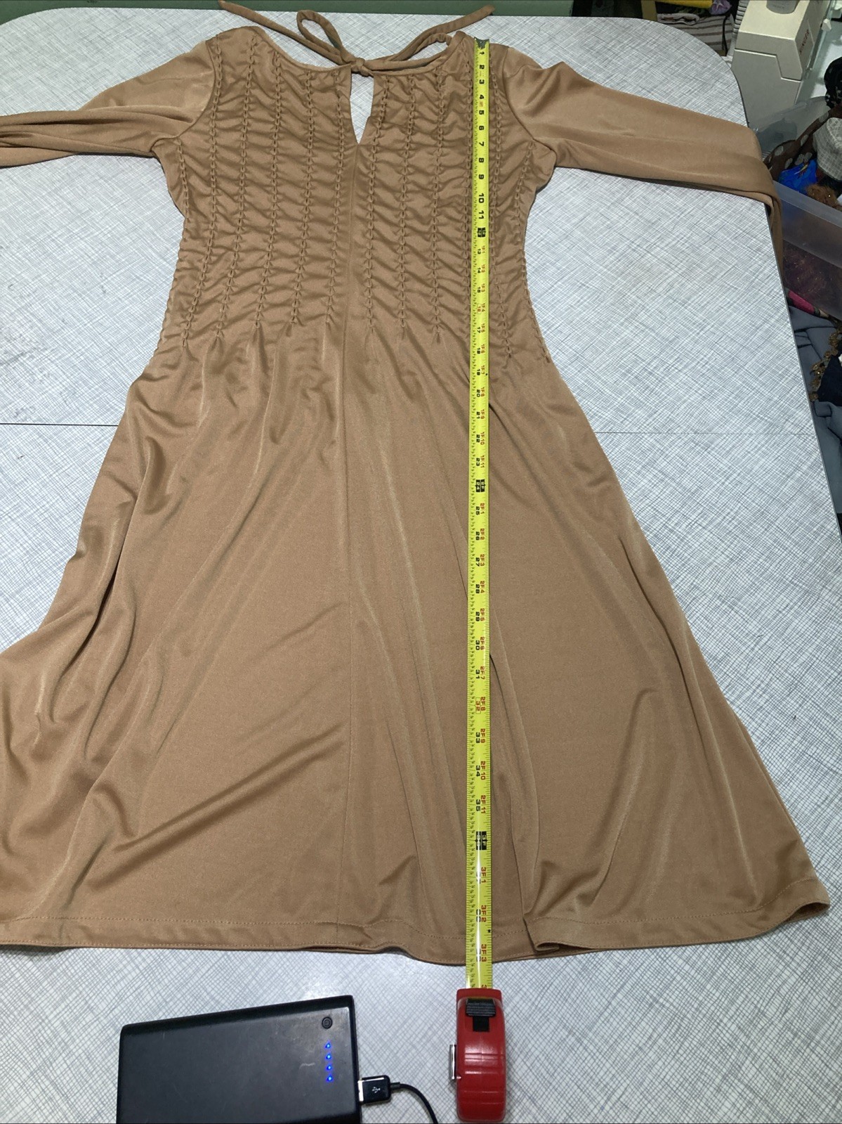 VTG 70s Felix Arbeo Smocked Bishop Sleeve Dress Union Made Camel Poly Modern XS