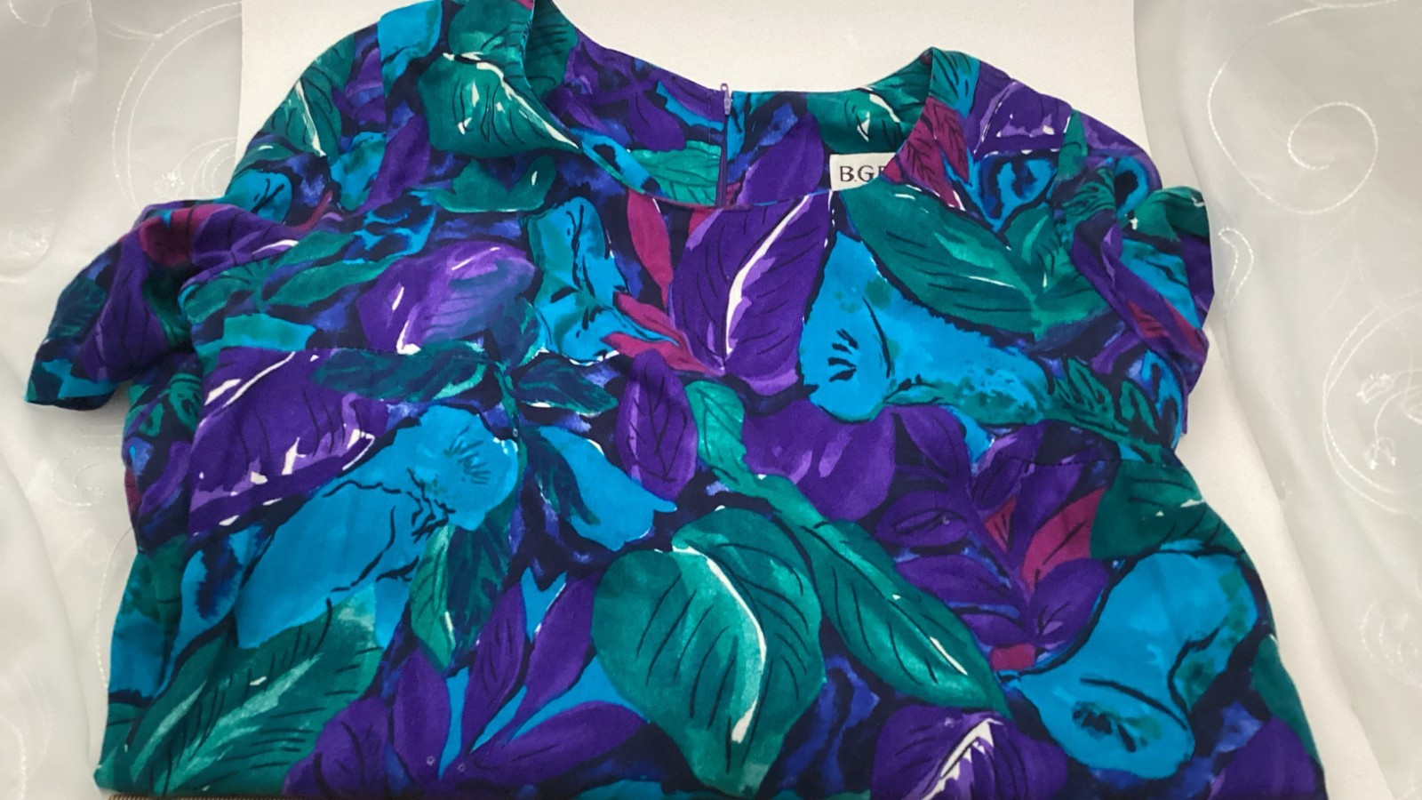 Vintage 80s 90s BGB Maxi Dress Vibrant Blue Green Purple Tropical Shoulder Pads