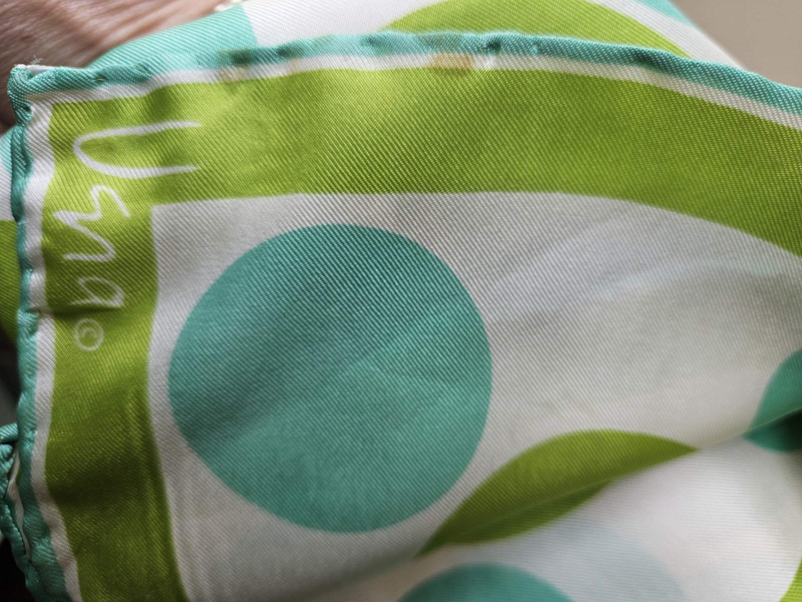 Vintage Vera Neumann Square SILK Green TURQUOISE Blue Polka Dot Scarf Geometric
