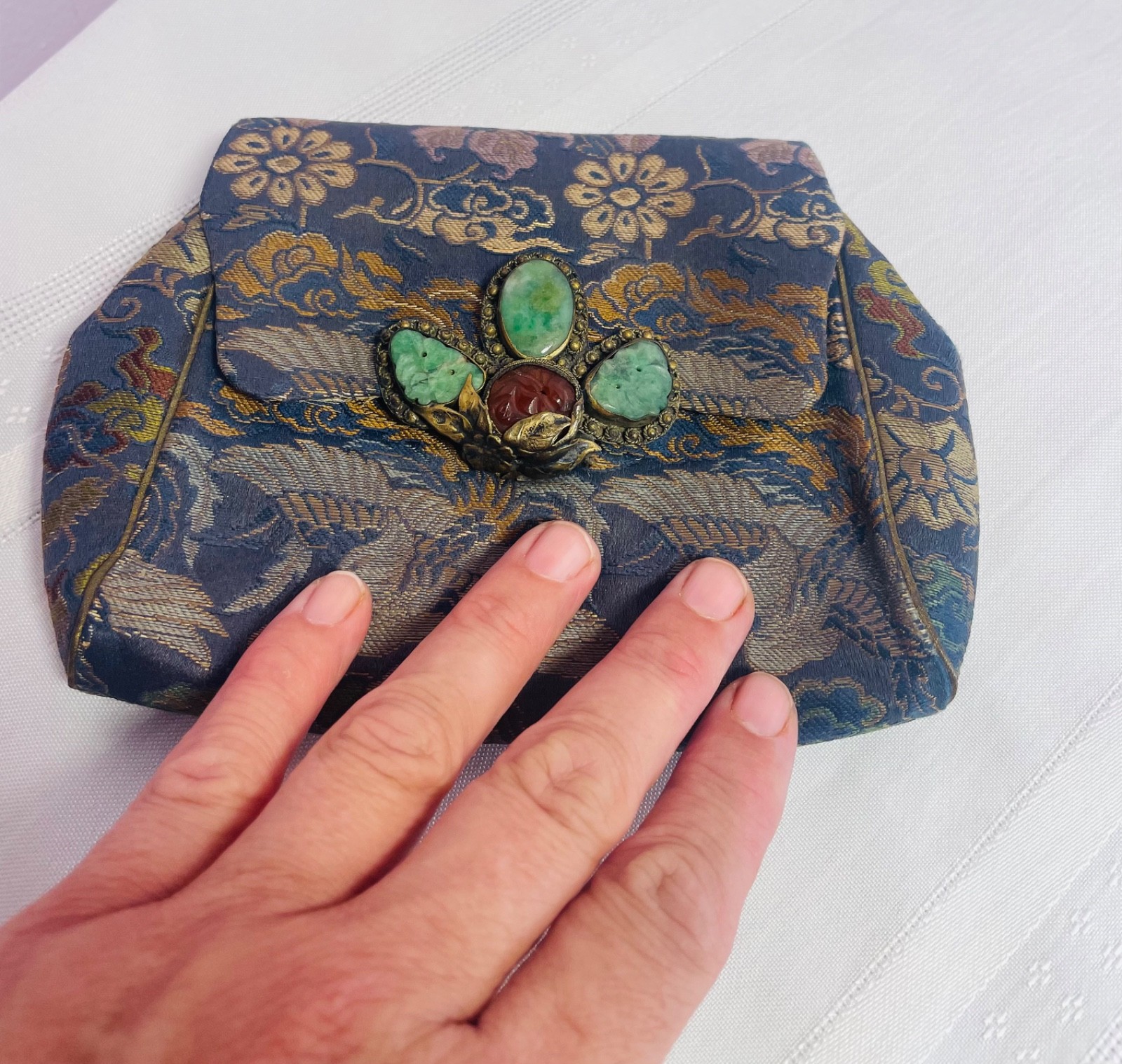 Antique 1920s Chinese Silk Brocade Clutch Art Deco Jade Jadeite Carnelian Purse