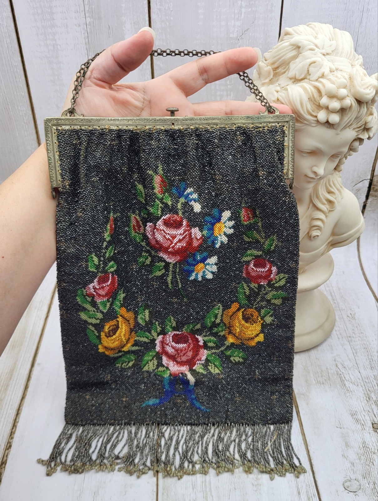Large 13″ Antique Art Nouveau Floral Beaded Purse Handbag