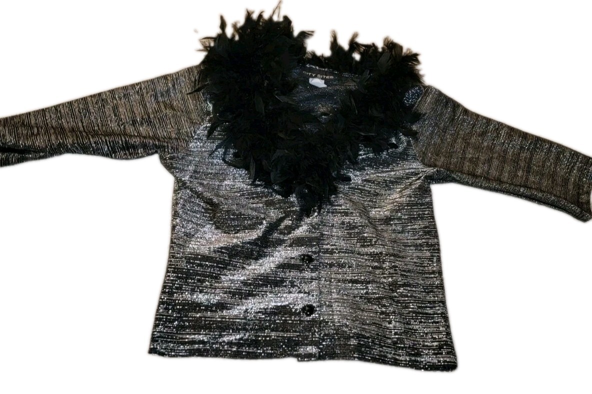 Vintage 90’s Metallic Jacket:black Feather Collar Whimsigoth