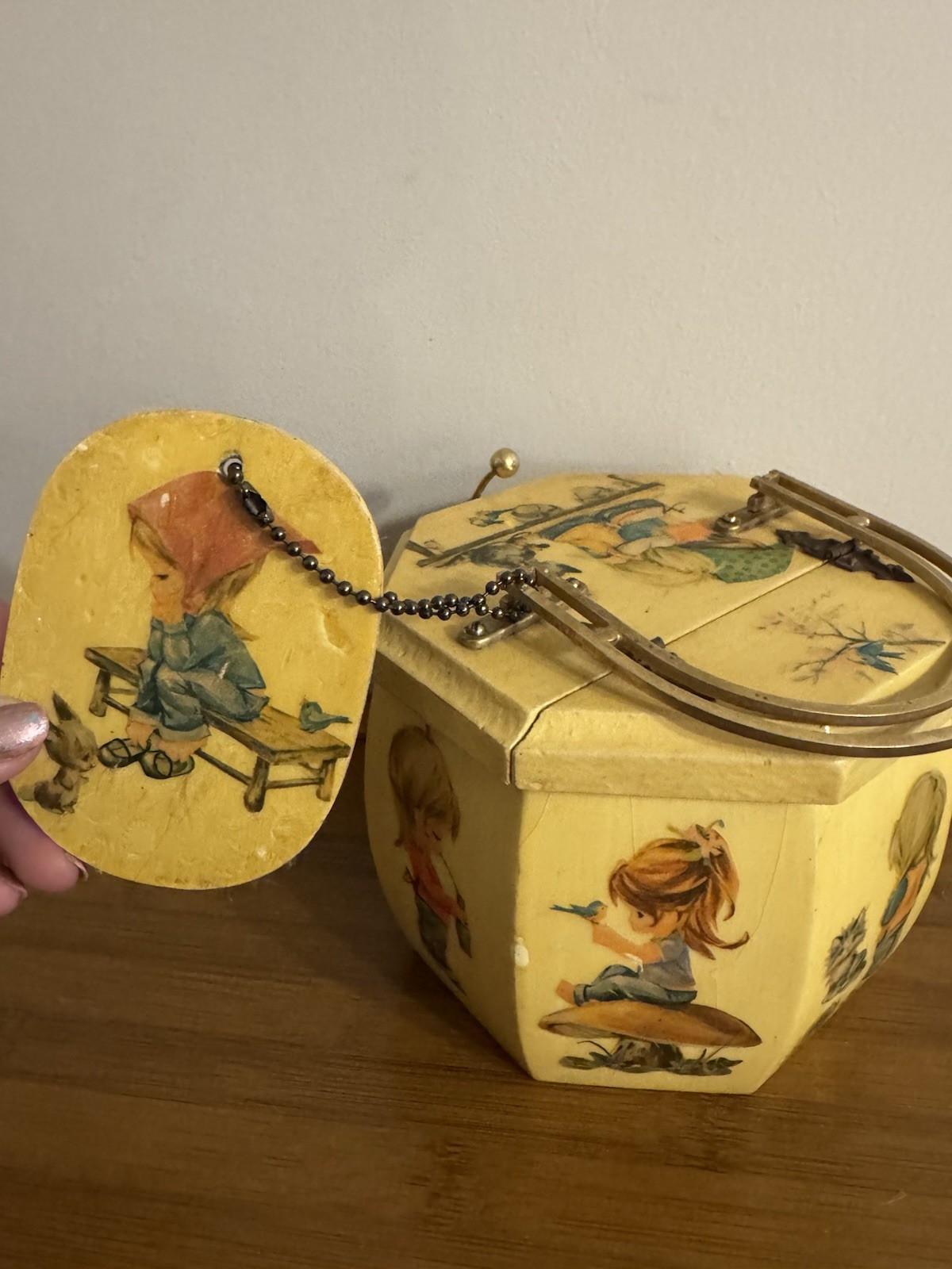 vintage 70s decoupaged wooden box purse classic illustrations by Betsy Clark