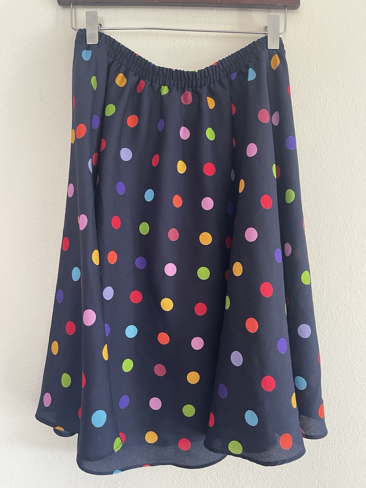 Vintage Leslie Fay A-Line Skirt Size 8 Petite. Elastic Waist, Midi Polka Dots