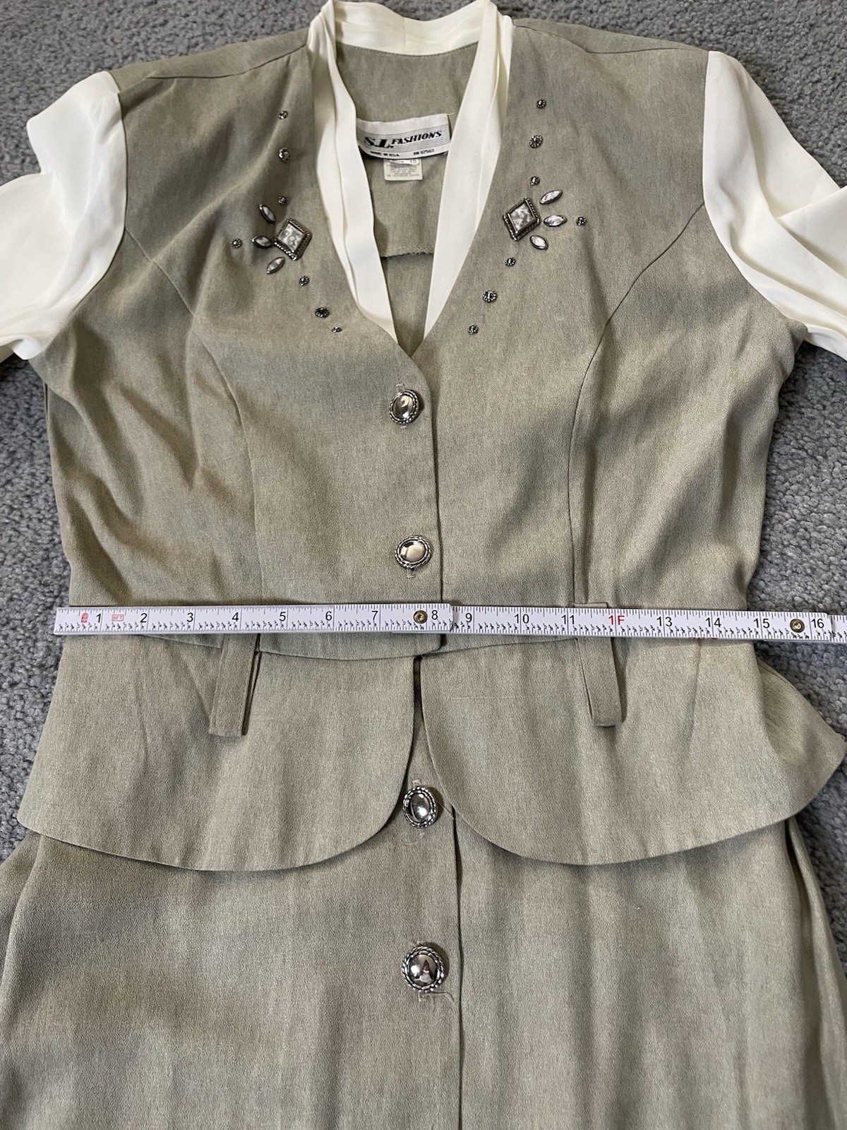 Vtg 70s SL Fashion Peplum Midi Dress 10 Button Up Sage Beads Classic USA Made