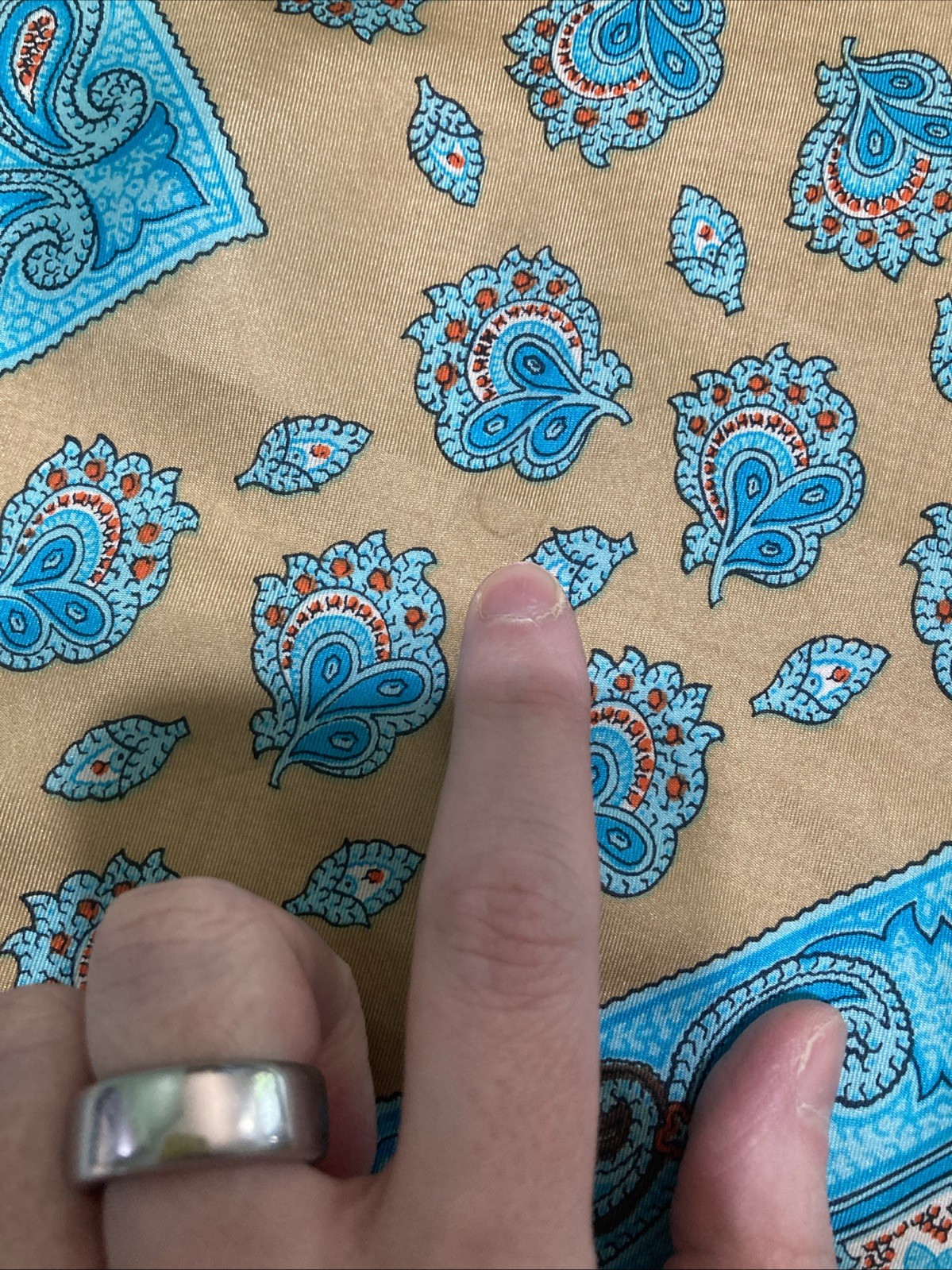 VTG 70s GLENTY Geometric Paisley Silk Scarf Blue Brown Hand Rolled Edge 22.5”