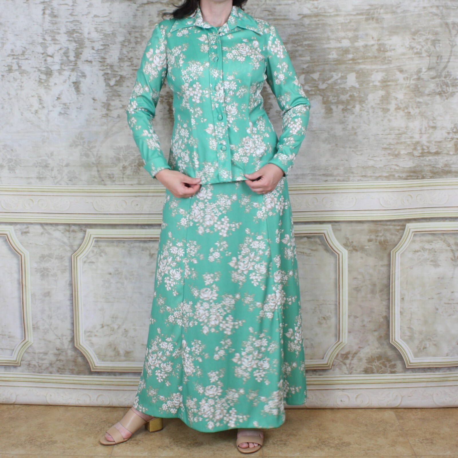 Vintage 1970s M Maxi Dress & Jacket Green Floral Mod Vintage VTG 70s Sleeveless