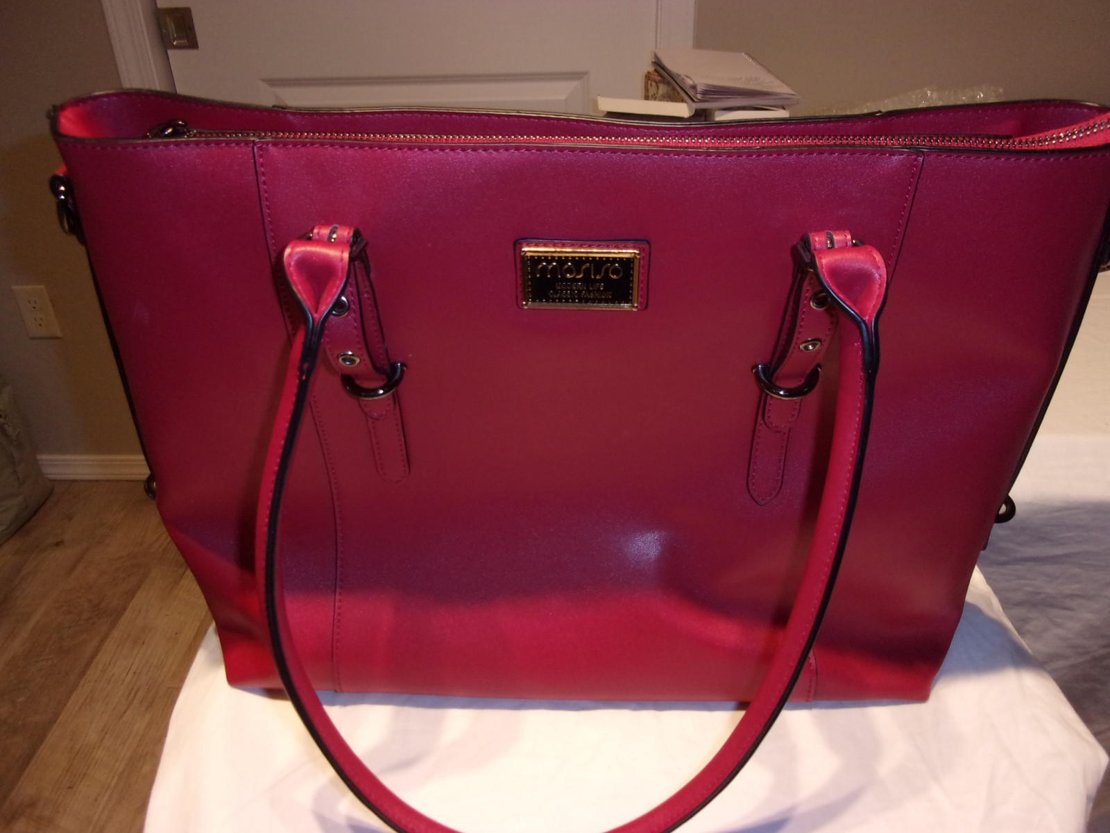 MOSISO PU LEATHER LAPTOP TOTE BAG FOR WOMEN, WATERPROOF BUSINESS BRIEFCASE, RED