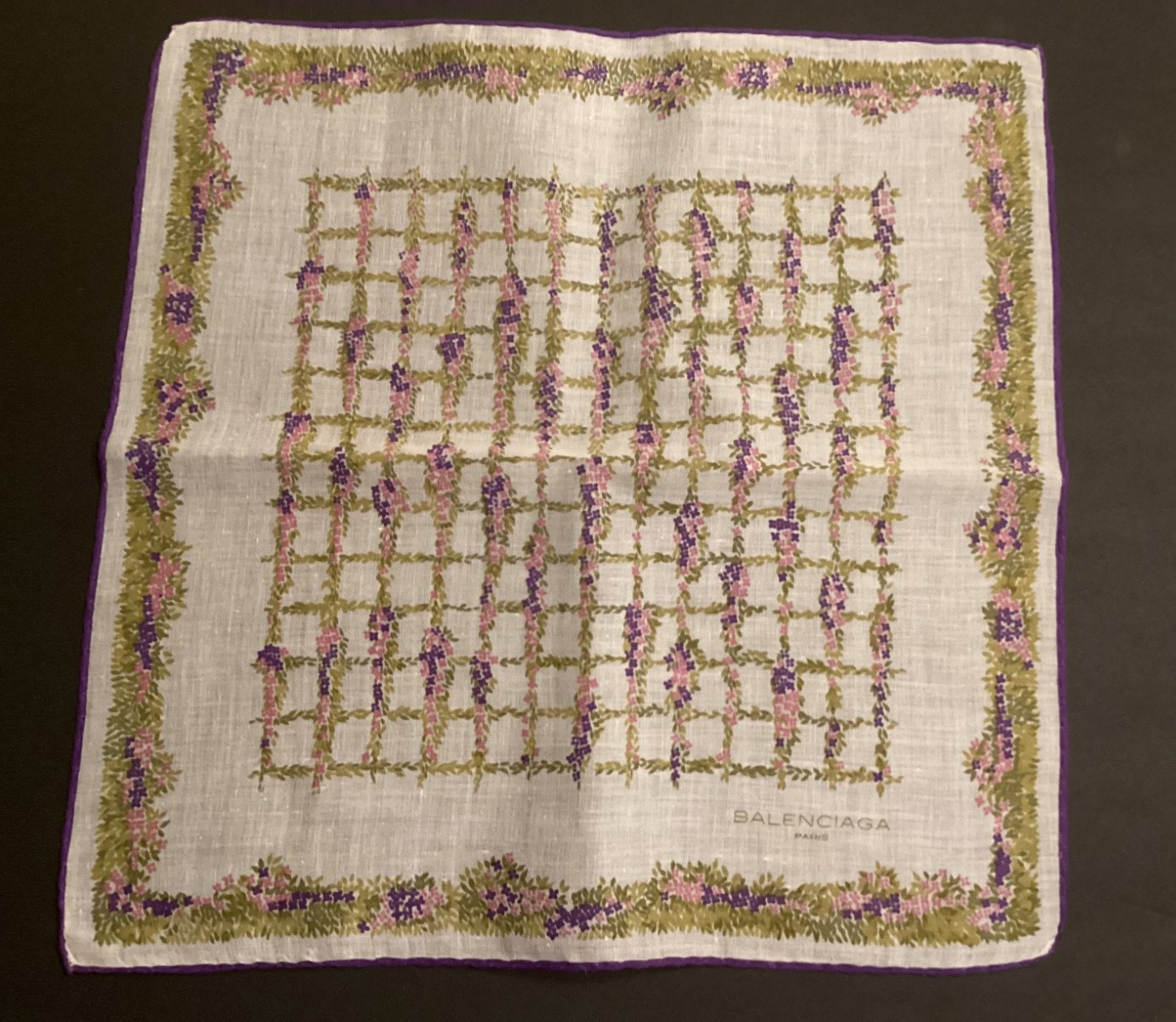 BALENCIAGA Paris Italy Linen Purple Handkerchief Pocket Sq Garden Trellis Floral
