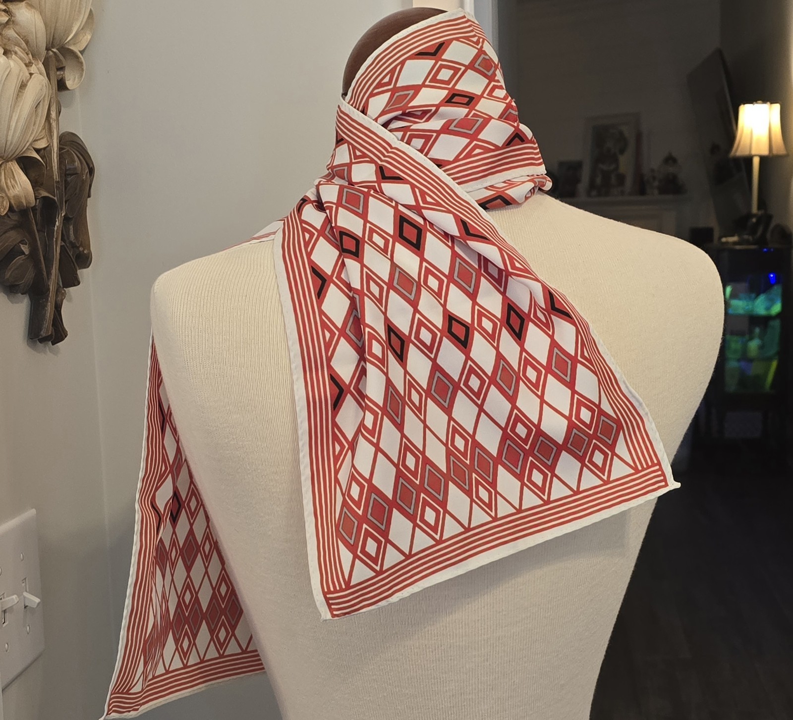 Harlequin Pattern Vintage Scarf Red Black White 9×41 Inches