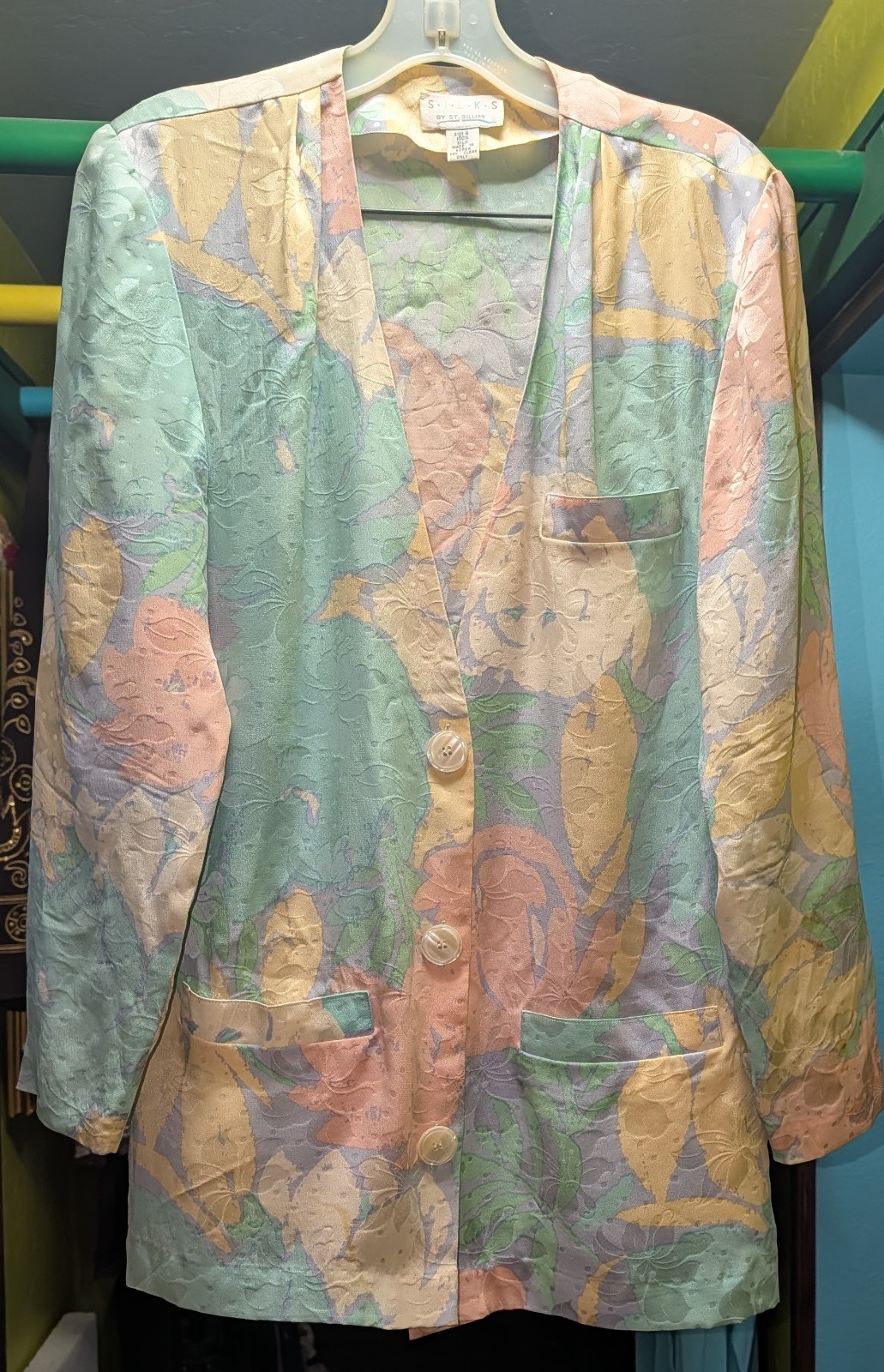 VTG 80s SILKS by St Gillian Sz 8 Women Silk Blazer Floral Abstract Print Pastels