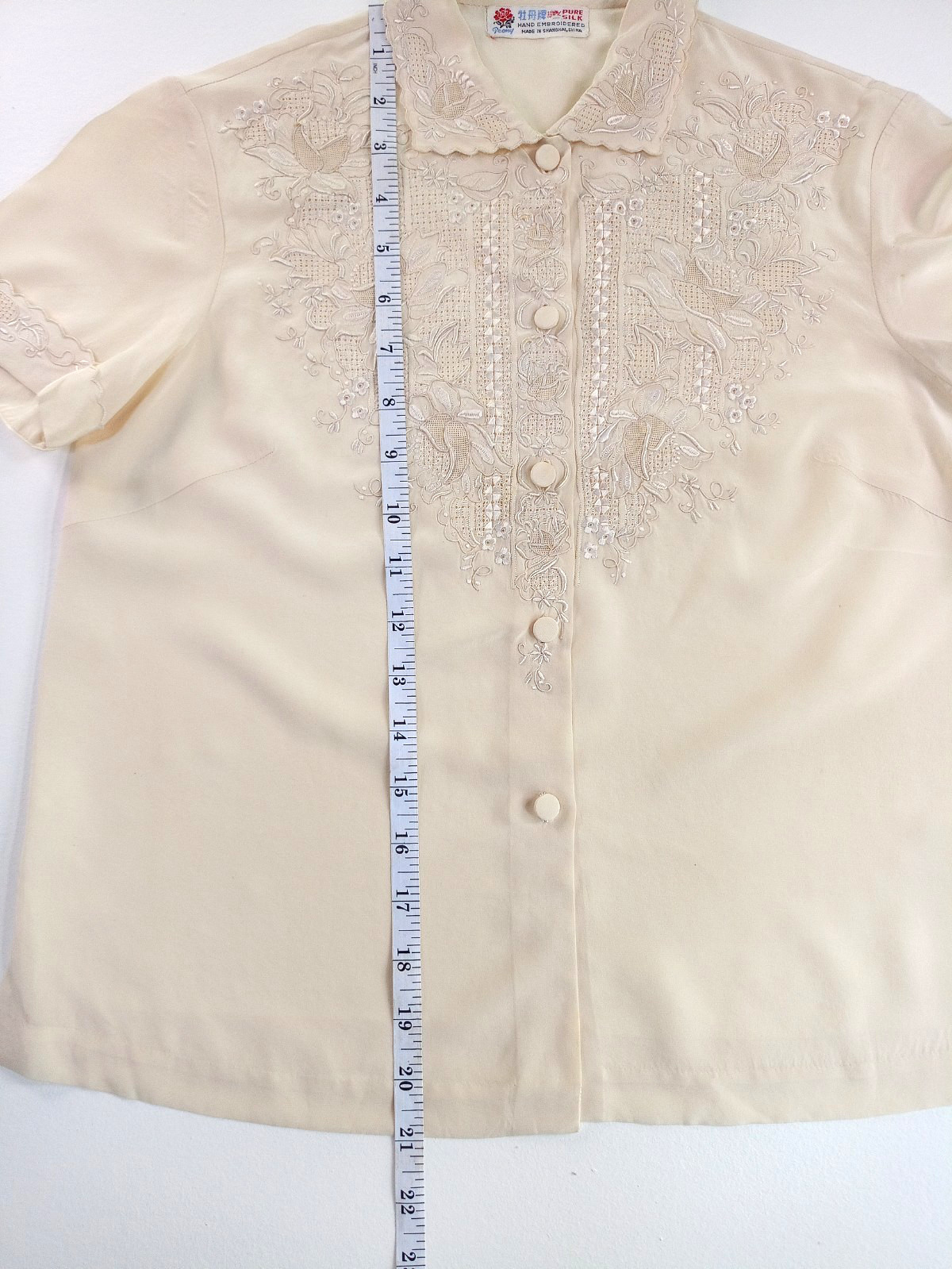 VTG Peony 100% Pure Silk Blouse S Hand Embroidered Swatow Cutwork Ivory China