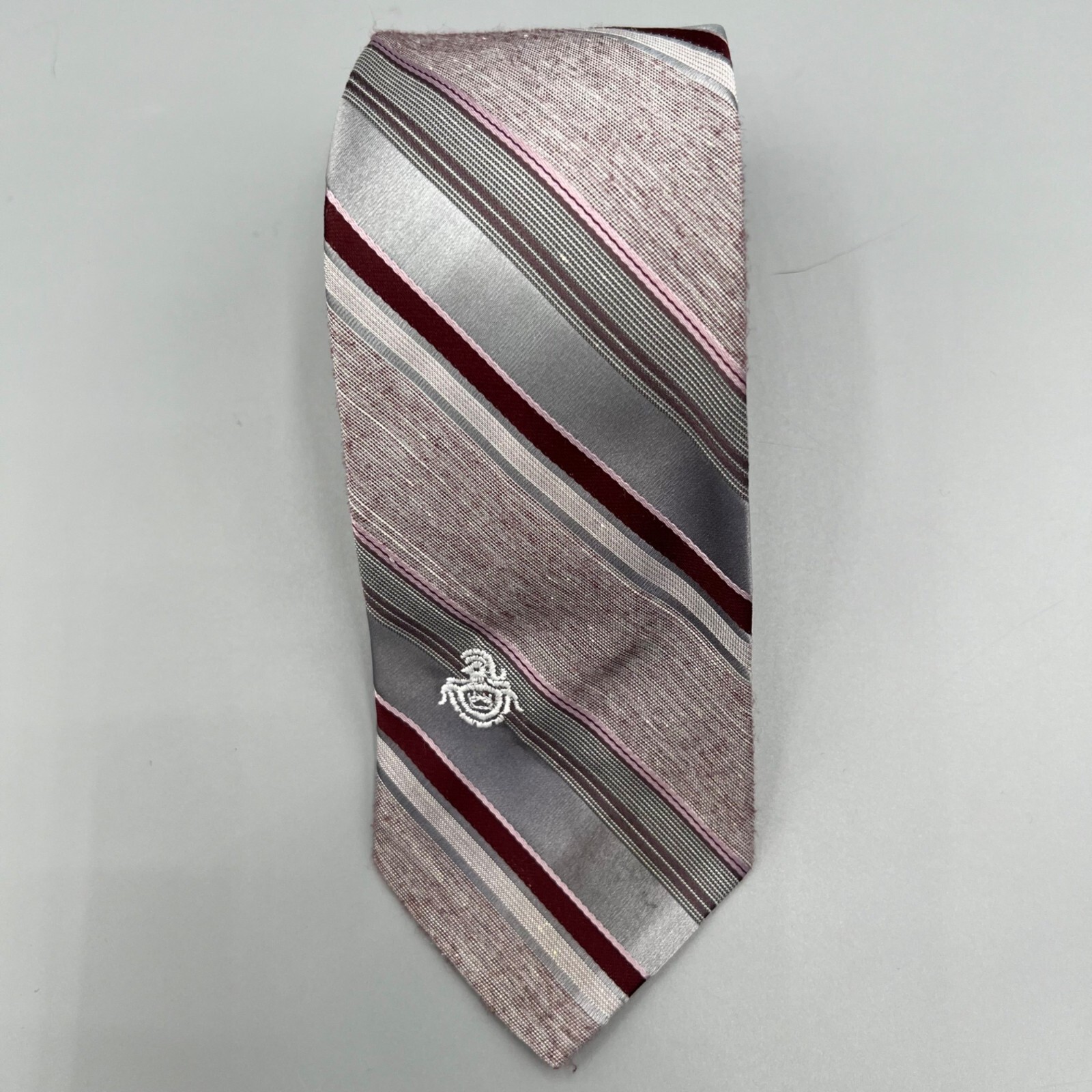 Vintage 1970s “Via Re” Men’s Embroidered Crest Regimental Striped Silver Tie