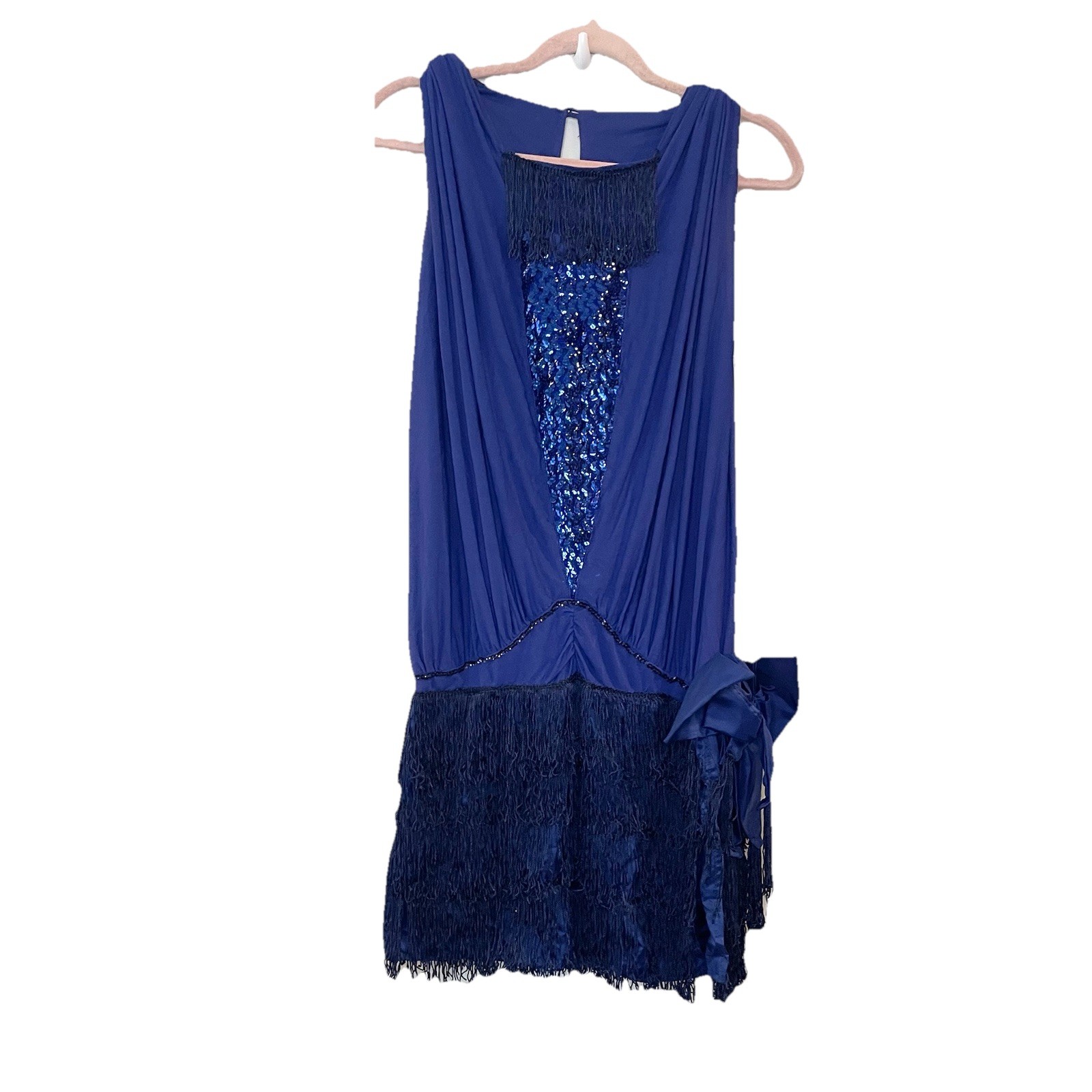 Vintage 1980s New Leaf By Samir Gown Dress Formal Blue Fringe Sequin Flapper Bow