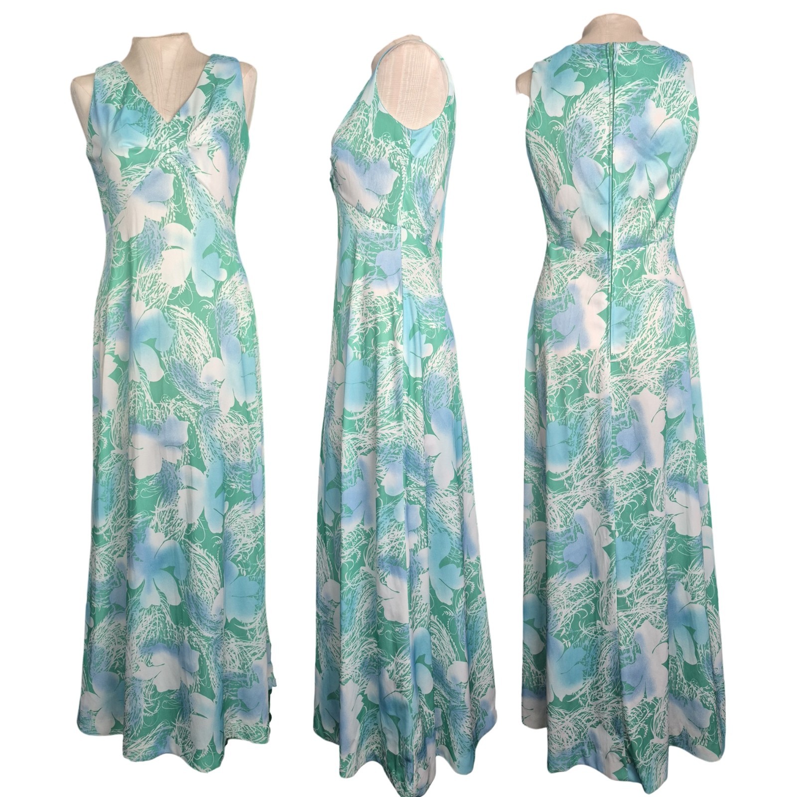 Vintage 70s Hal Ferman Floral Print Sleeveless V Neck A Line Maxi Dress Sz S/M