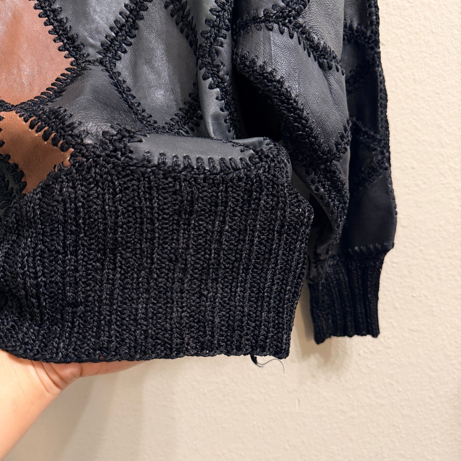 Vintage Leather Patchwork Sweater Diamond Knit Oversized Vintage Eclectic 80s