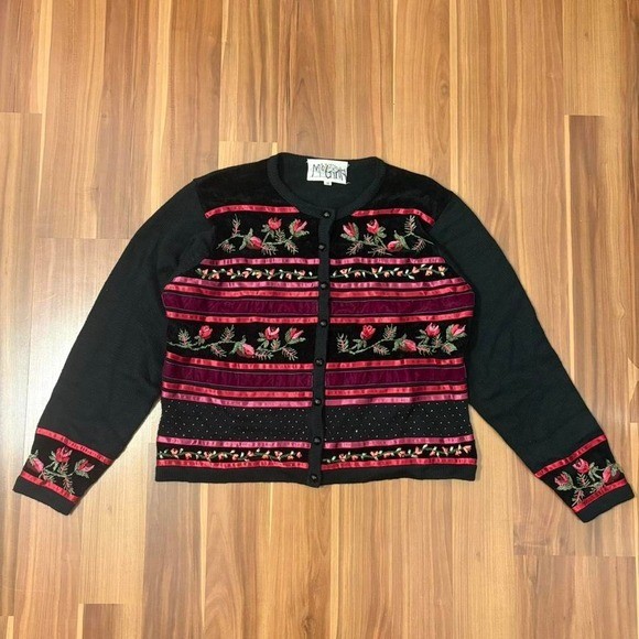 black and pink velvet floral knit cardigan with ribbon and floral embroidery